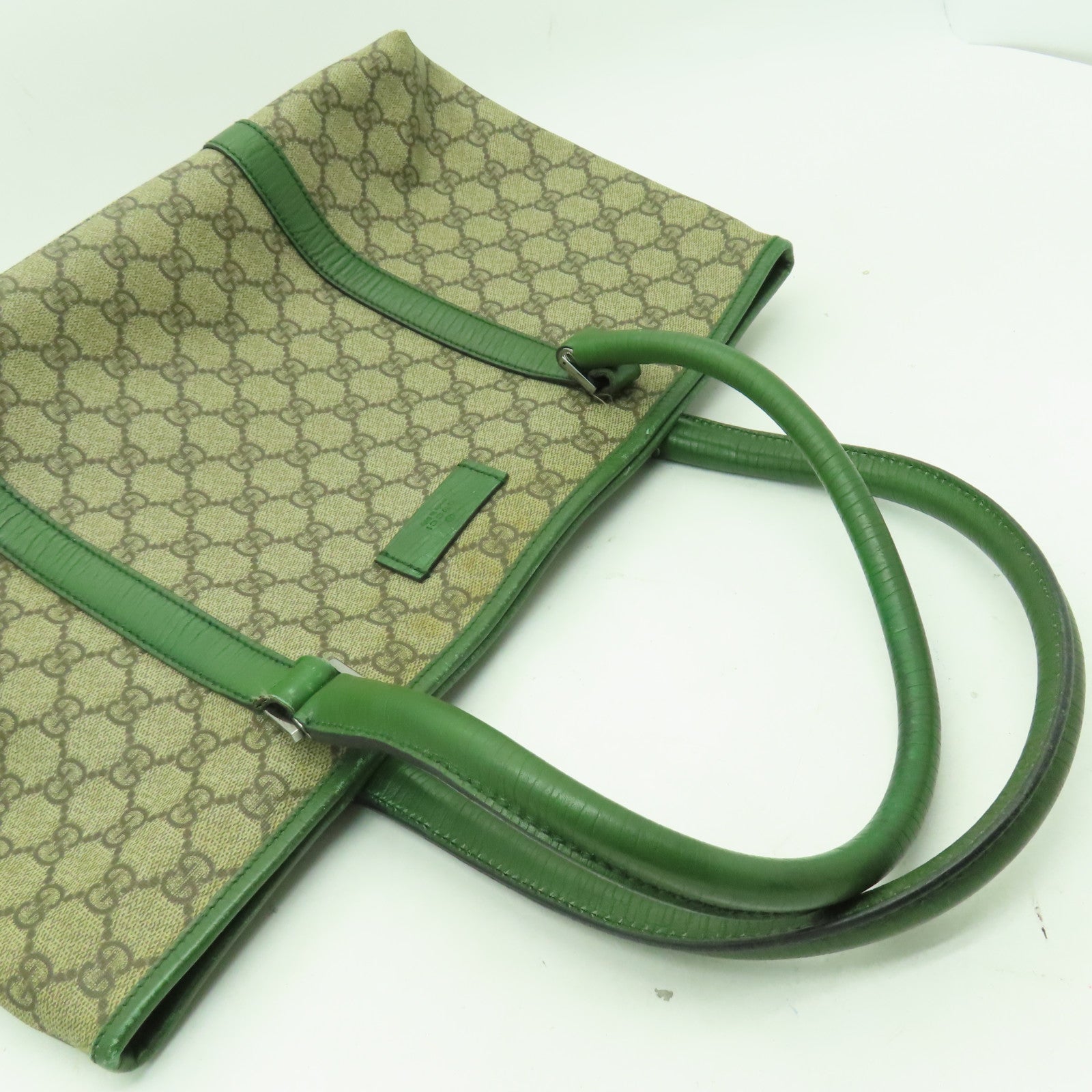 GUCCI 塗層帆布Tote Bag銀扣手挽袋綠色/米色