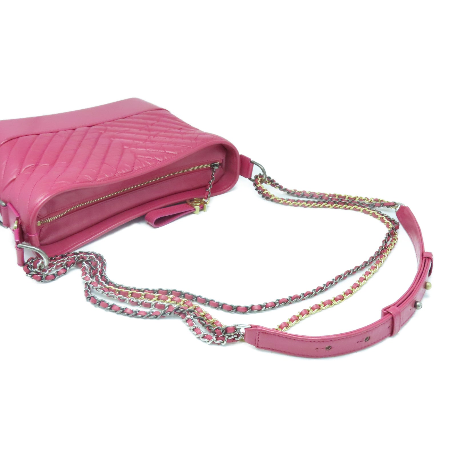 CHANEL 斜紋牛皮皮革Gabrielle金扣鏈帶肩背袋粉紅色