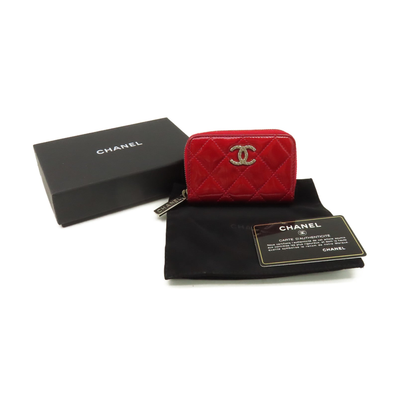 CHANEL 菱格漆皮皮革Round Card Case銀扣拉鏈卡片套紅色