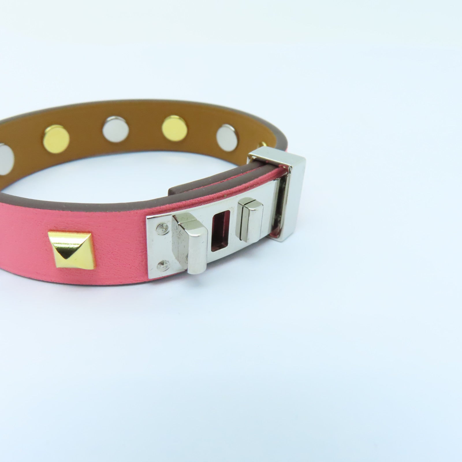 HERMES Swift皮革Mini Dog Clous Carres Bracelet金扣/銀扣手鐲粉紅色