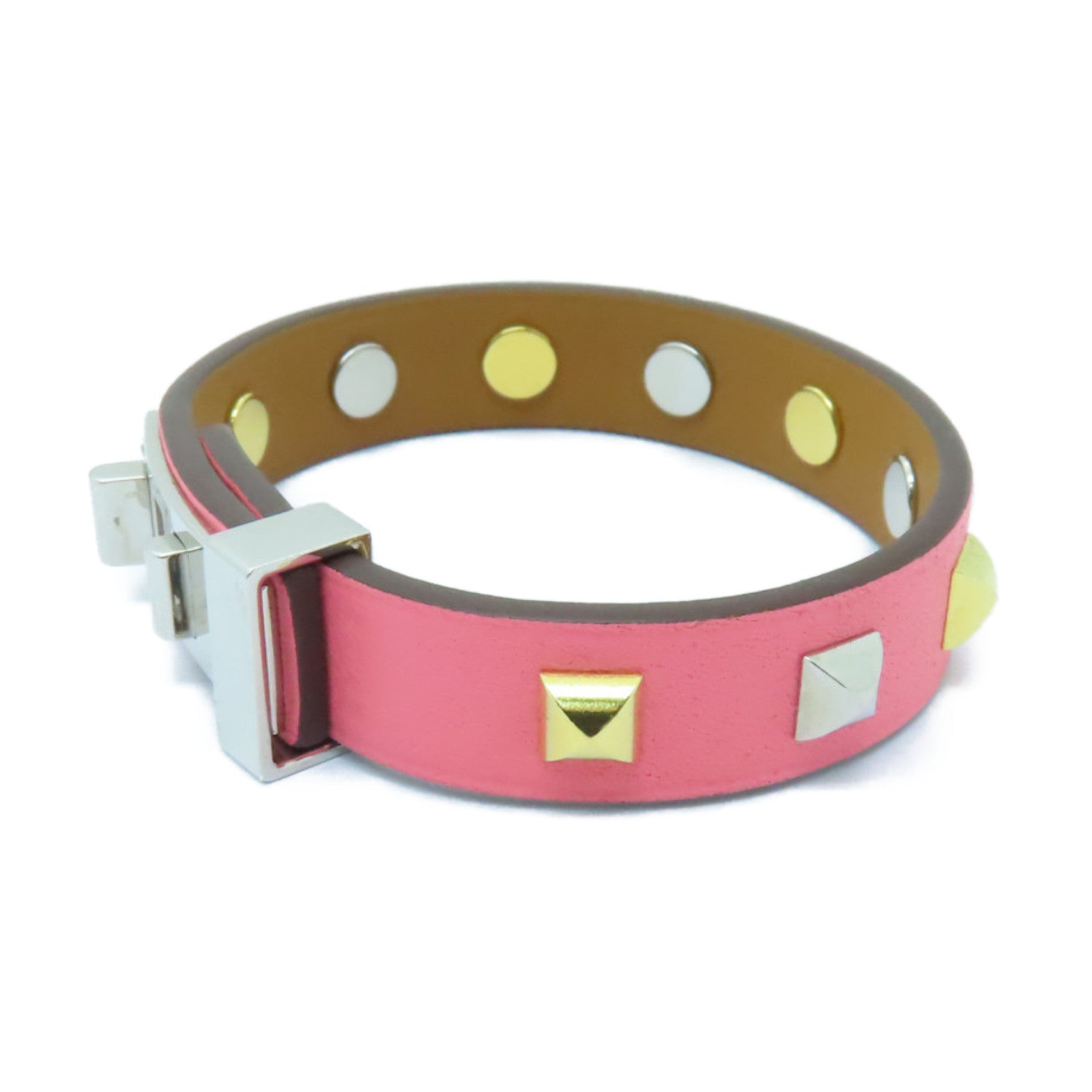 HERMES Swift皮革Mini Dog Clous Carres Bracelet金扣/銀扣手鐲粉紅色