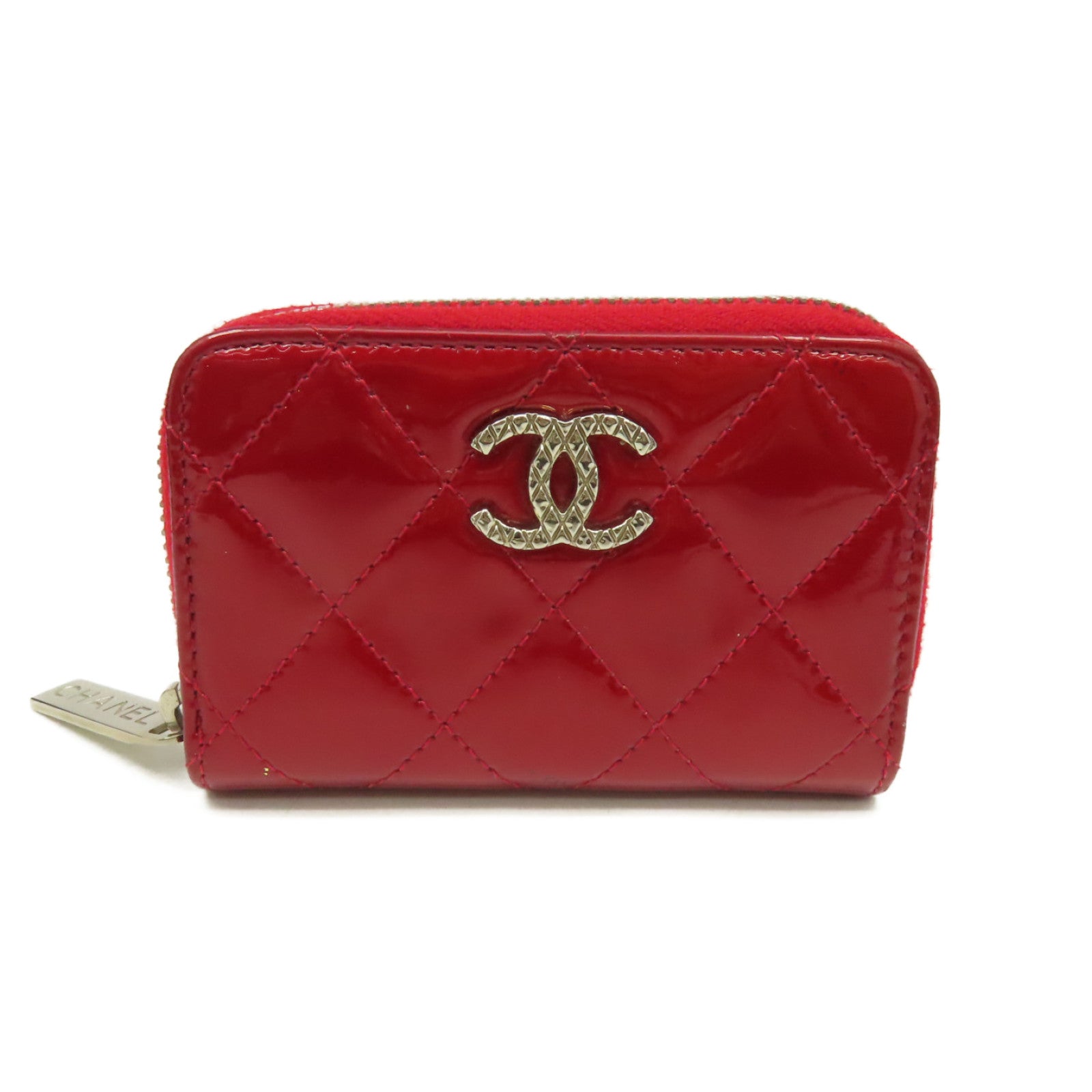 CHANEL 菱格漆皮皮革Round Card Case銀扣拉鏈卡片套紅色
