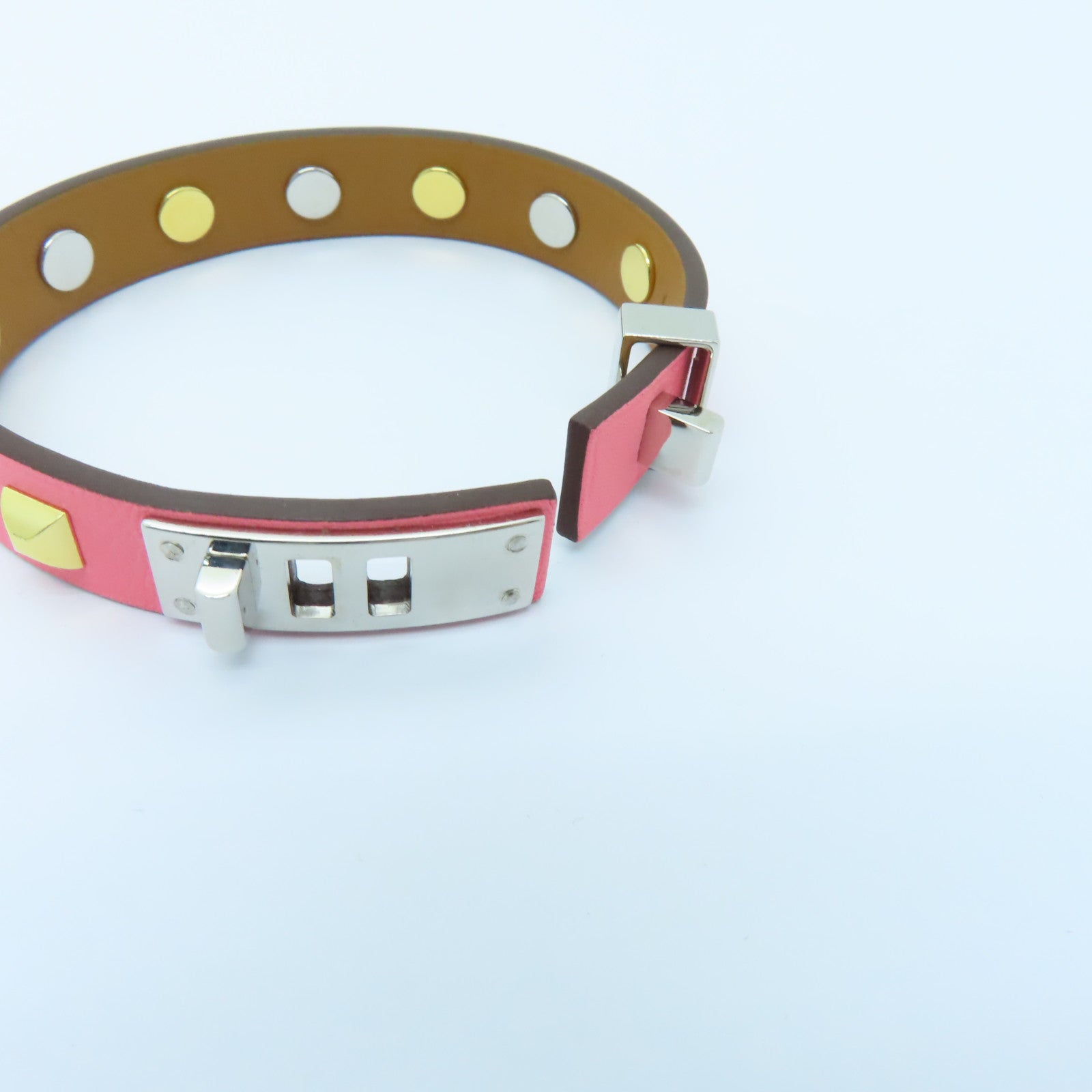 HERMES Swift皮革Mini Dog Clous Carres Bracelet金扣/銀扣手鐲粉紅色