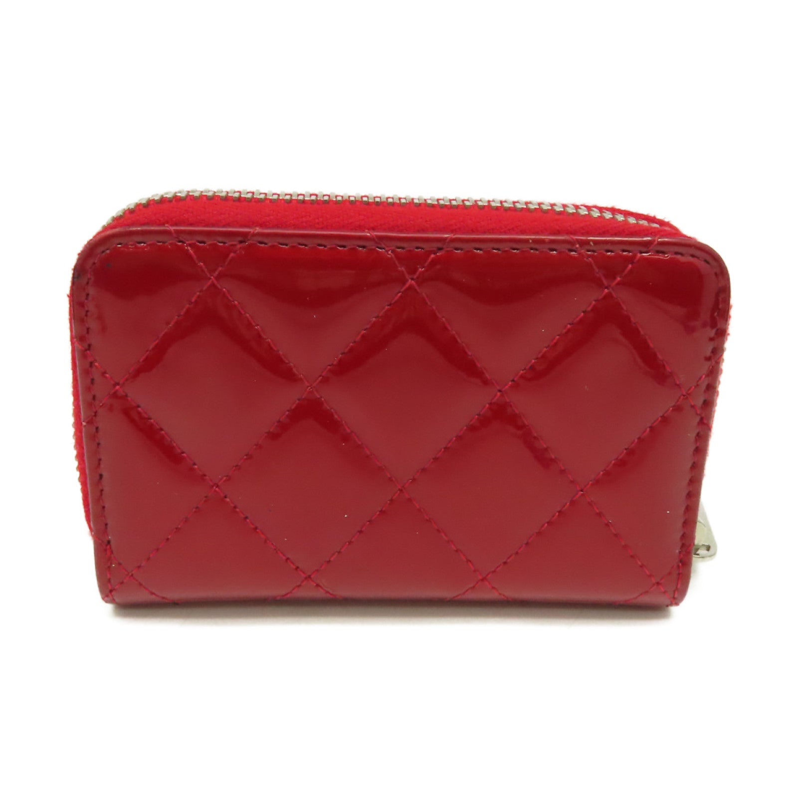CHANEL 菱格漆皮皮革Round Card Case銀扣拉鏈卡片套紅色