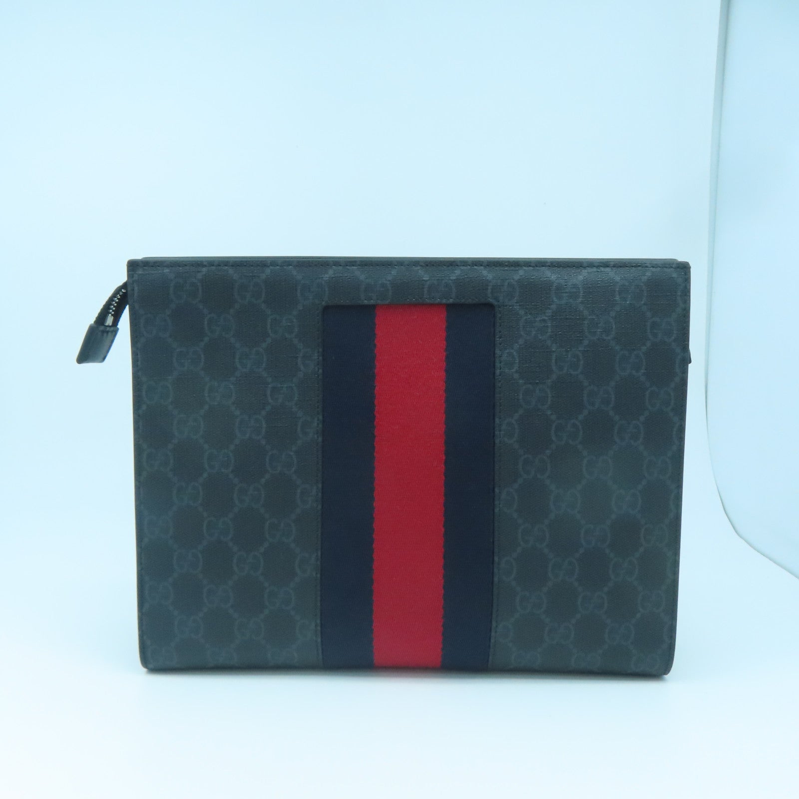 GUCCI Coated Canvas GG Supreme Silver Buckle Clutch Blue