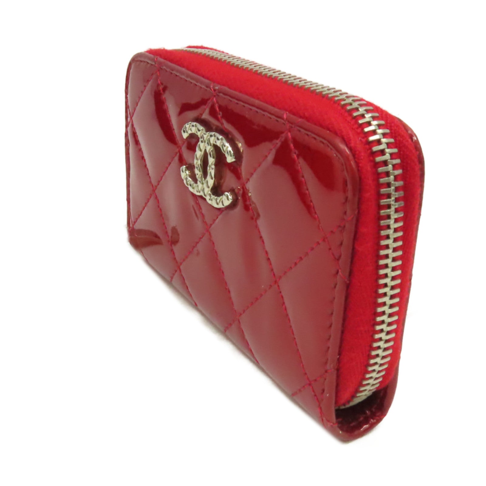CHANEL 菱格漆皮皮革Round Card Case銀扣拉鏈卡片套紅色