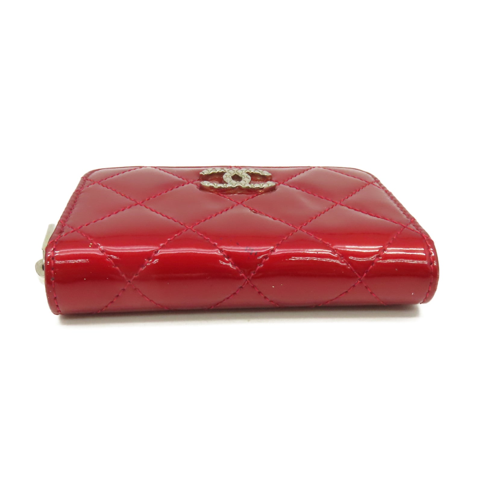 CHANEL 菱格漆皮皮革Round Card Case銀扣拉鏈卡片套紅色