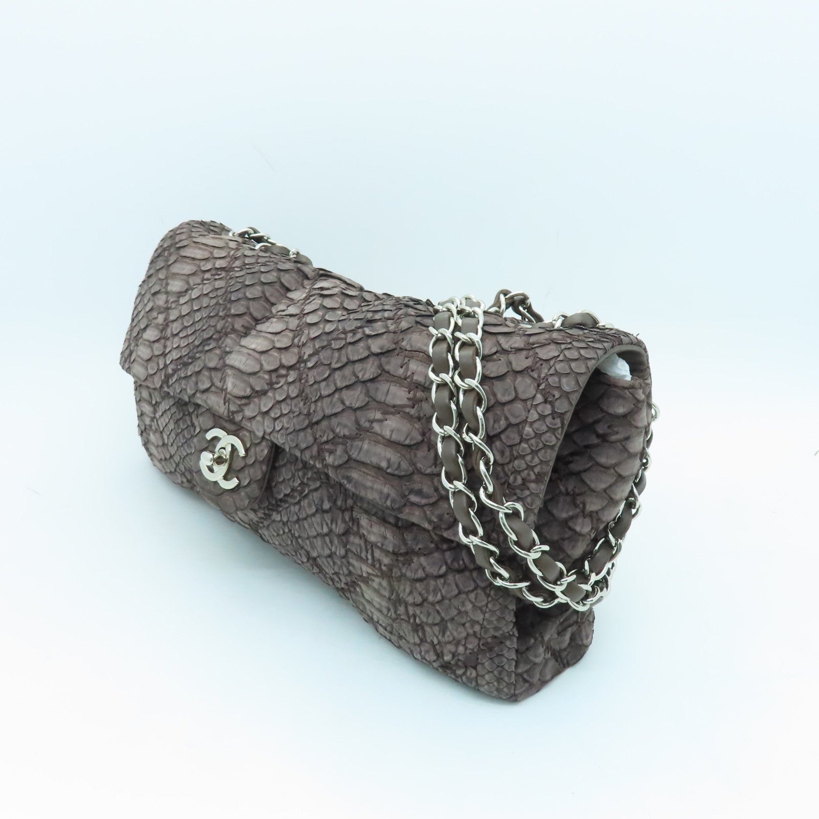 CHANEL 蛇皮皮革Chain Shoulder银扣手挽肩背两用袋啡色