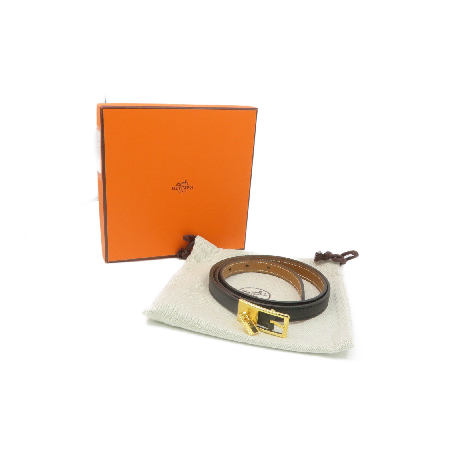 HERMES Epsom Leather/Swift Leather Lucky 15 Reversible Belt Gold Buckle Leather Belt Black/Brown