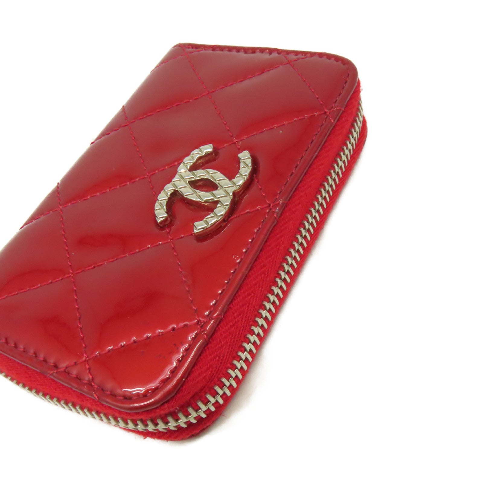 CHANEL 菱格漆皮皮革Round Card Case銀扣拉鏈卡片套紅色