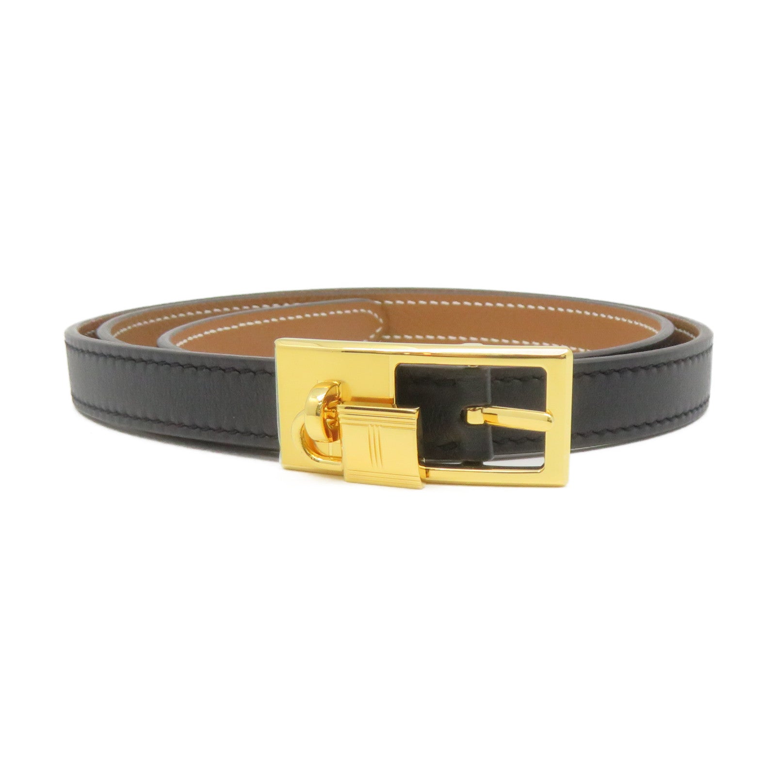HERMES Epsom Leather/Swift Leather Lucky 15 Reversible Belt Gold Buckle Leather Belt Black/Brown