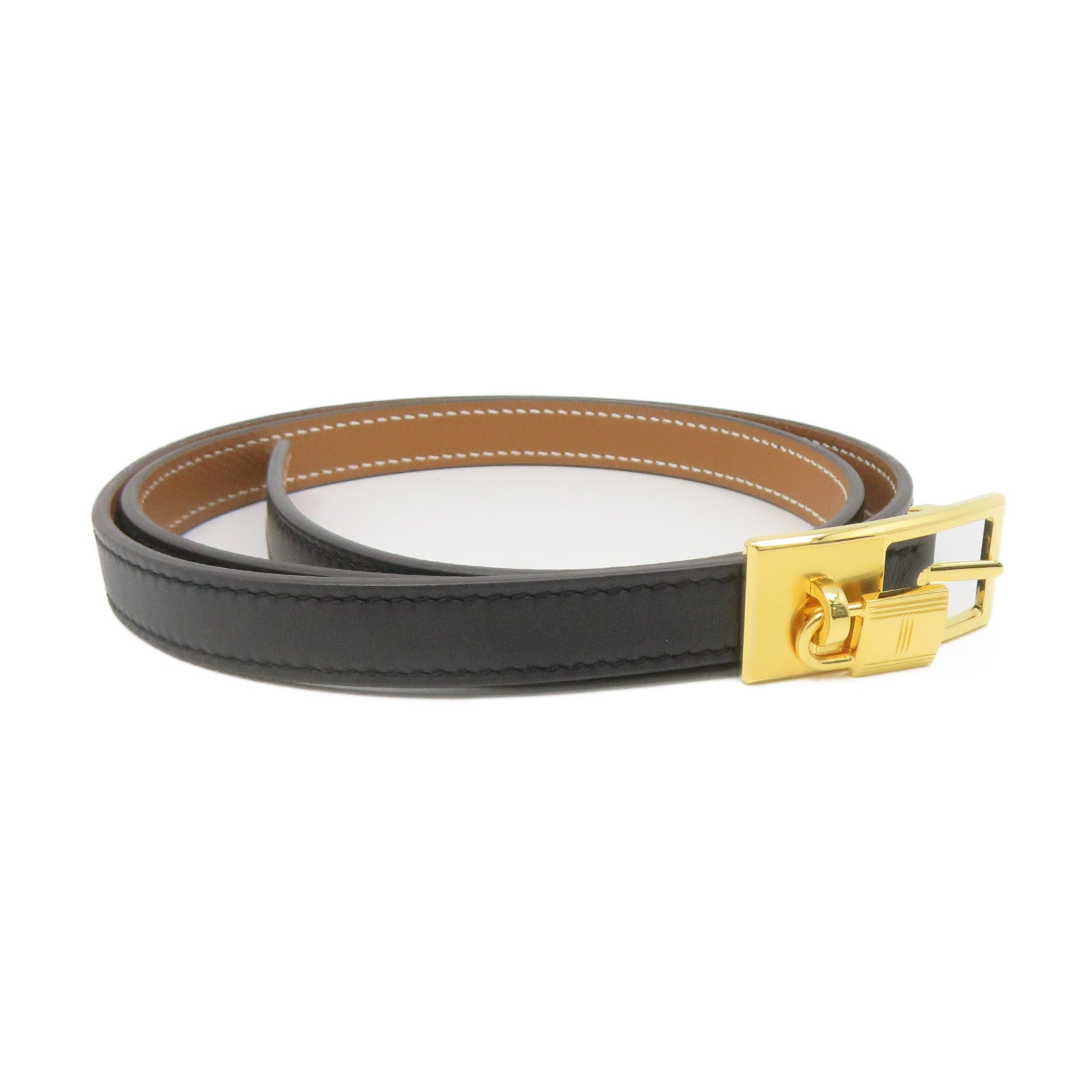 HERMES Epsom Leather/Swift Leather Lucky 15 Reversible Belt Gold Buckle Leather Belt Black/Brown