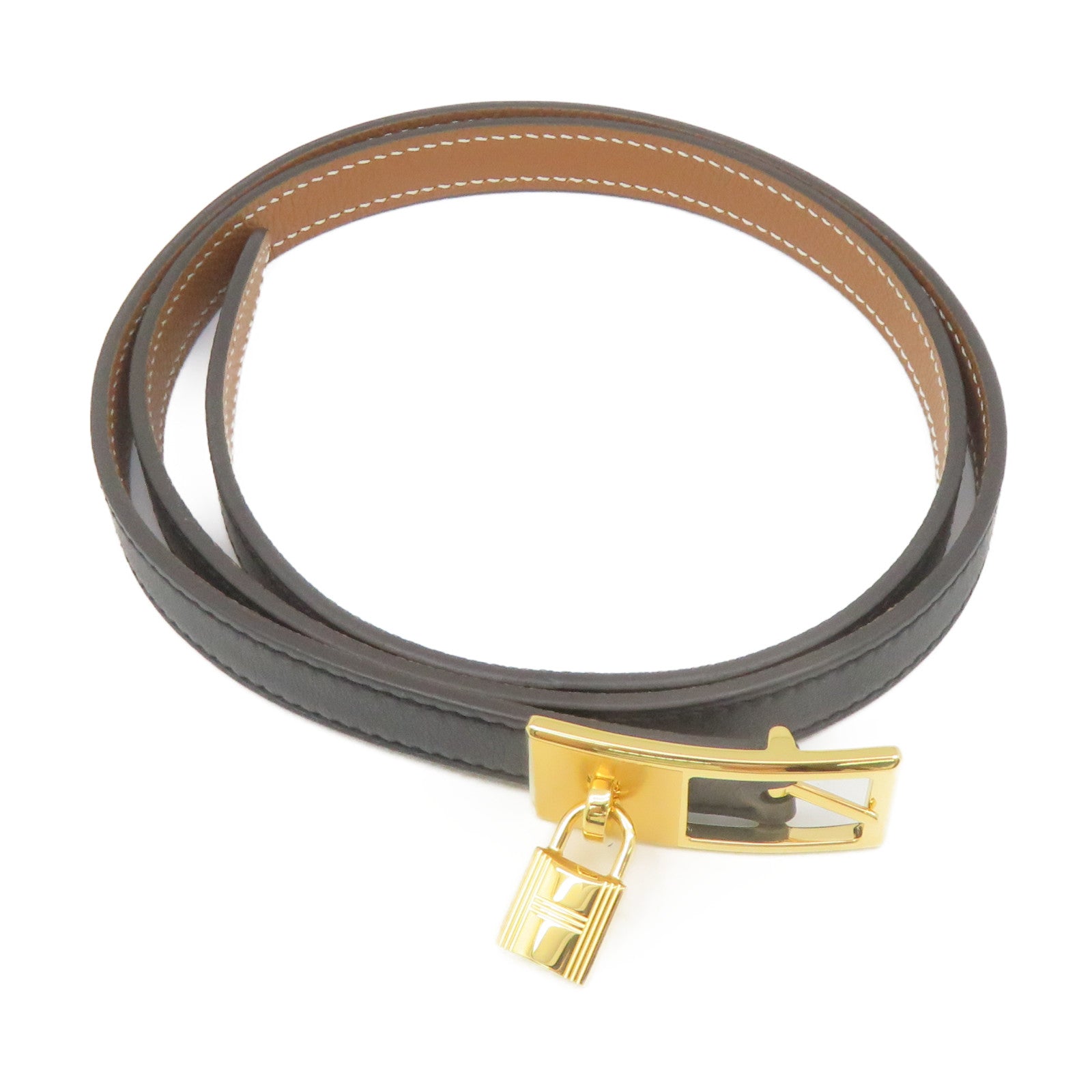 HERMES Epsom Leather/Swift Leather Lucky 15 Reversible Belt Gold Buckle Leather Belt Black/Brown