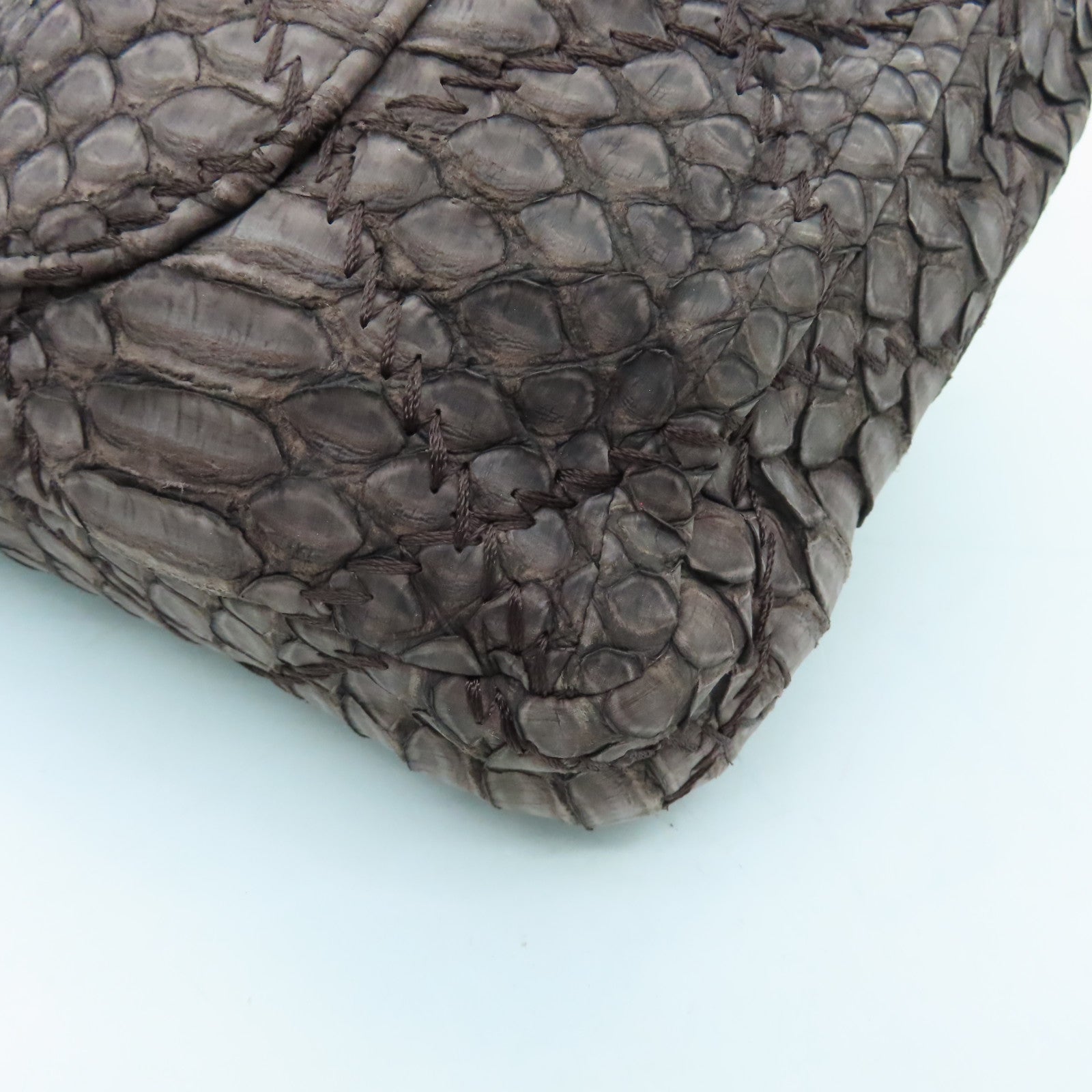 CHANEL 蛇皮皮革Chain Shoulder银扣手挽肩背两用袋啡色