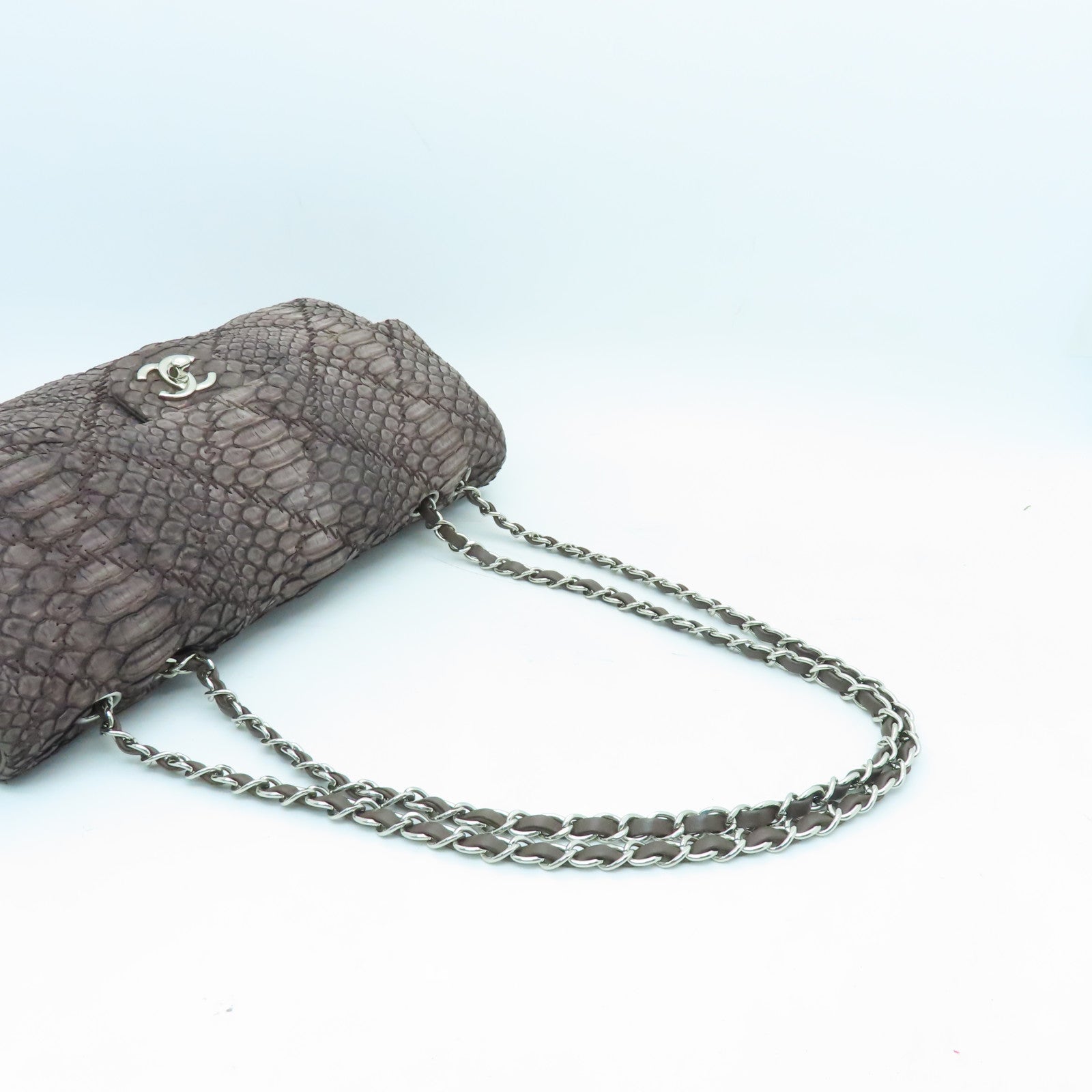 CHANEL 蛇皮皮革Chain Shoulder银扣手挽肩背两用袋啡色