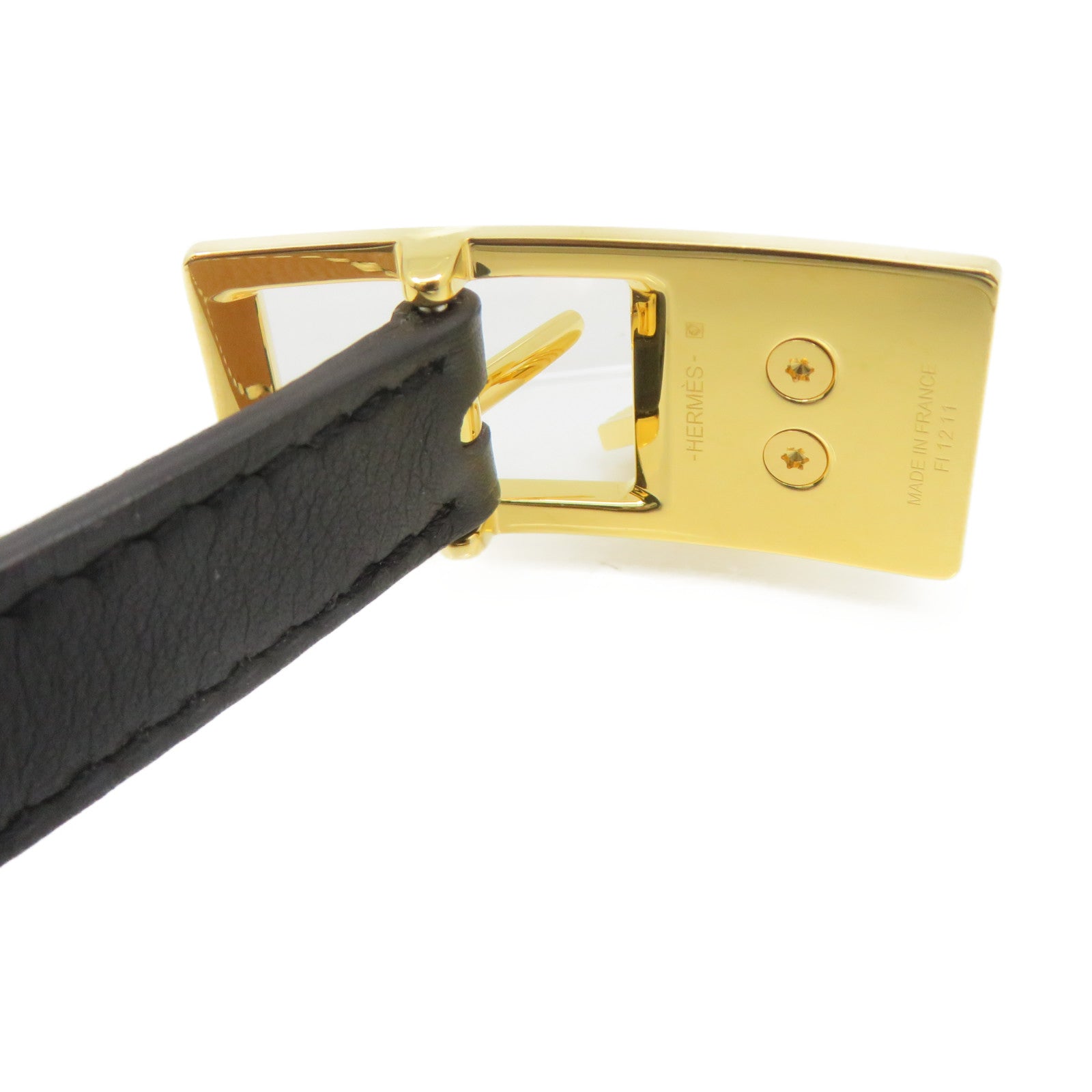 HERMES Epsom Leather/Swift Leather Lucky 15 Reversible Belt Gold Buckle Leather Belt Black/Brown