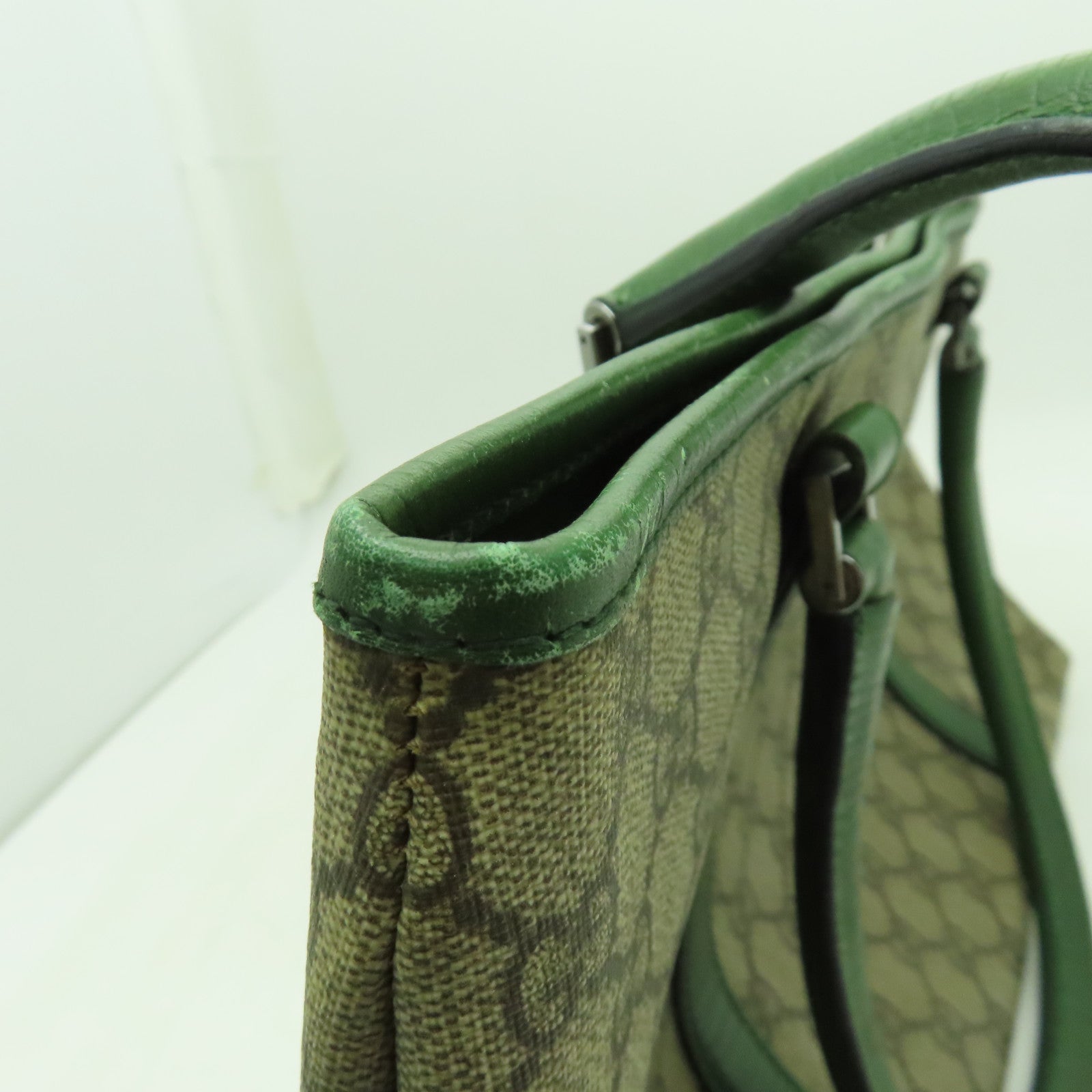 GUCCI 塗層帆布Tote Bag銀扣手挽袋綠色/米色