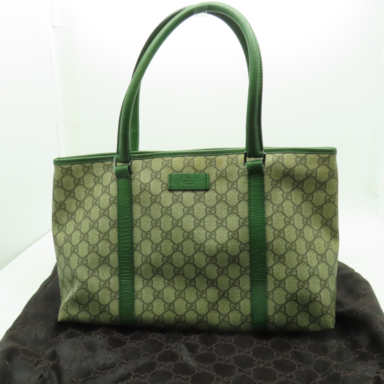 GUCCI 塗層帆布Tote Bag銀扣手挽袋綠色/米色