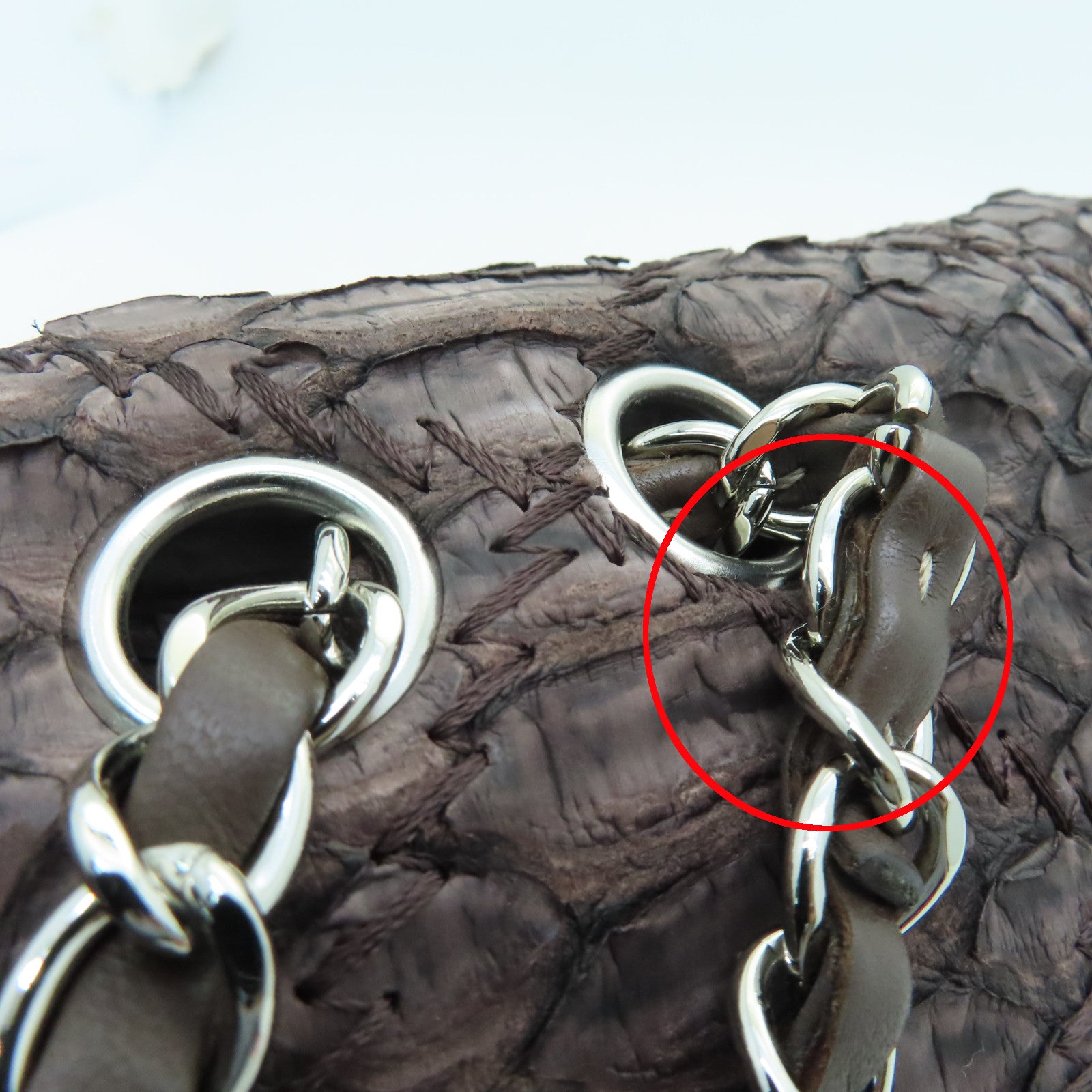 CHANEL 蛇皮皮革Chain Shoulder银扣手挽肩背两用袋啡色