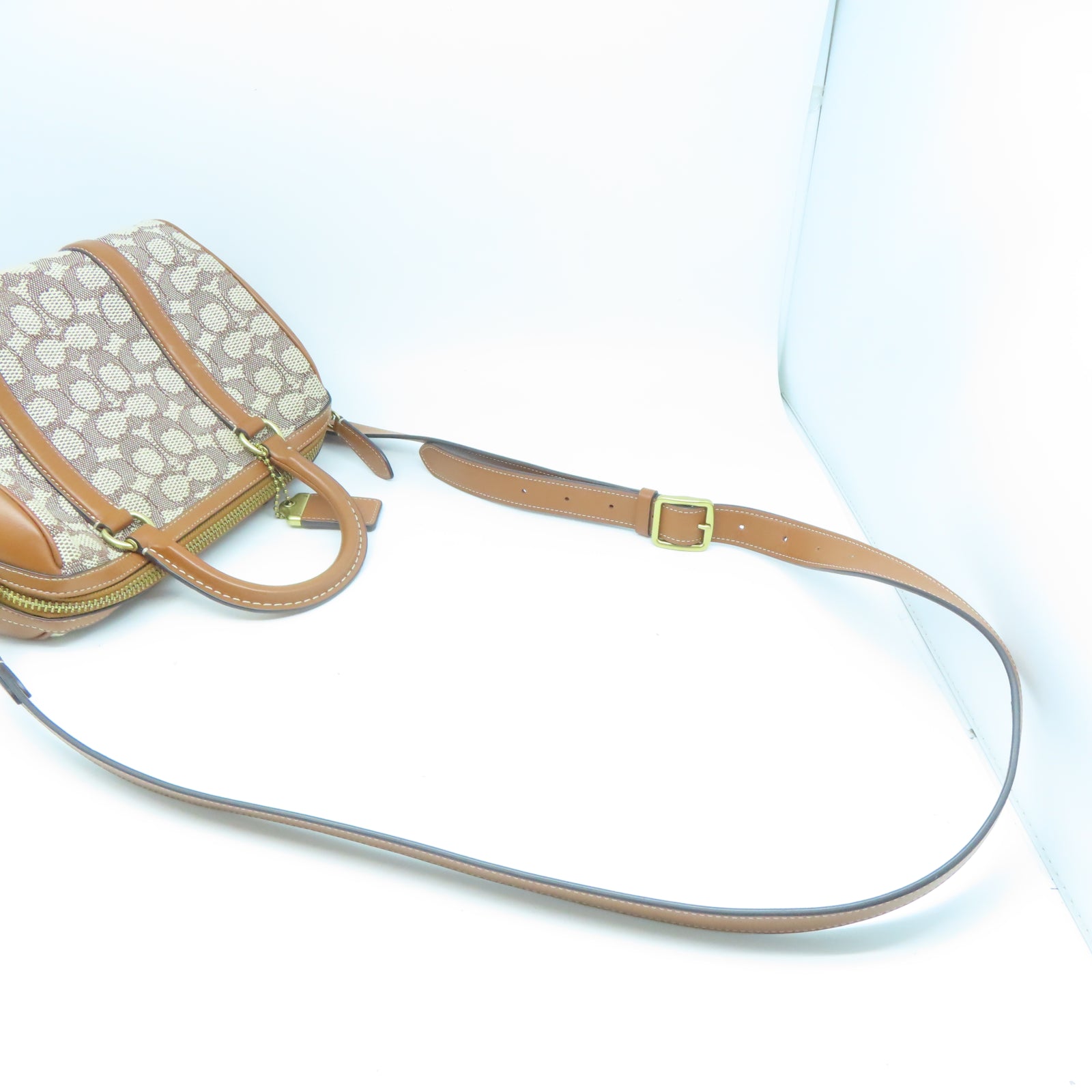 COACH 帆布/牛皮皮革Boston Bag金扣手挽肩背两用袋棕色
