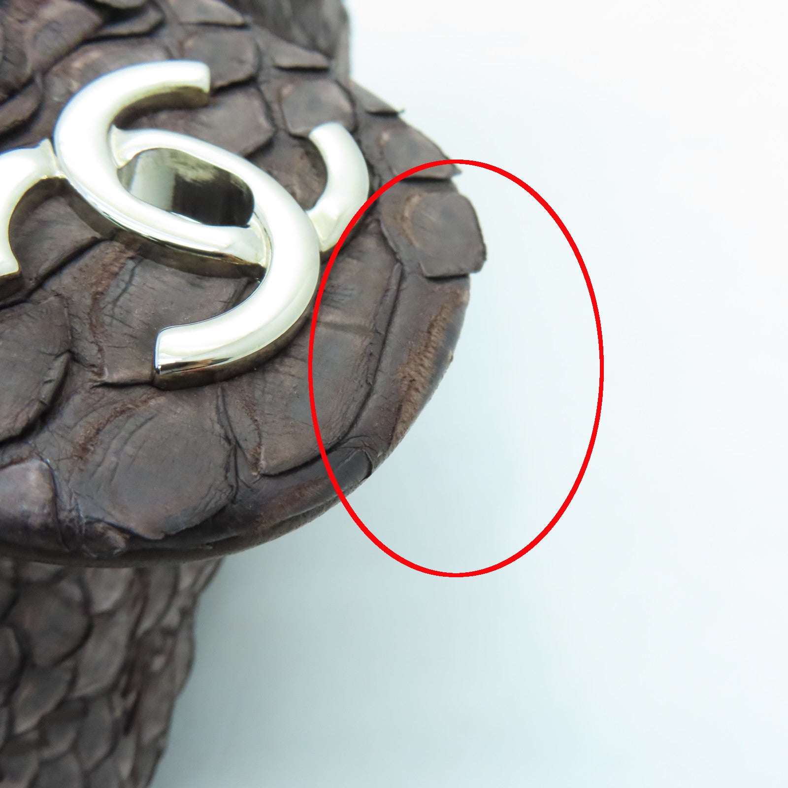 CHANEL 蛇皮皮革Chain Shoulder银扣手挽肩背两用袋啡色