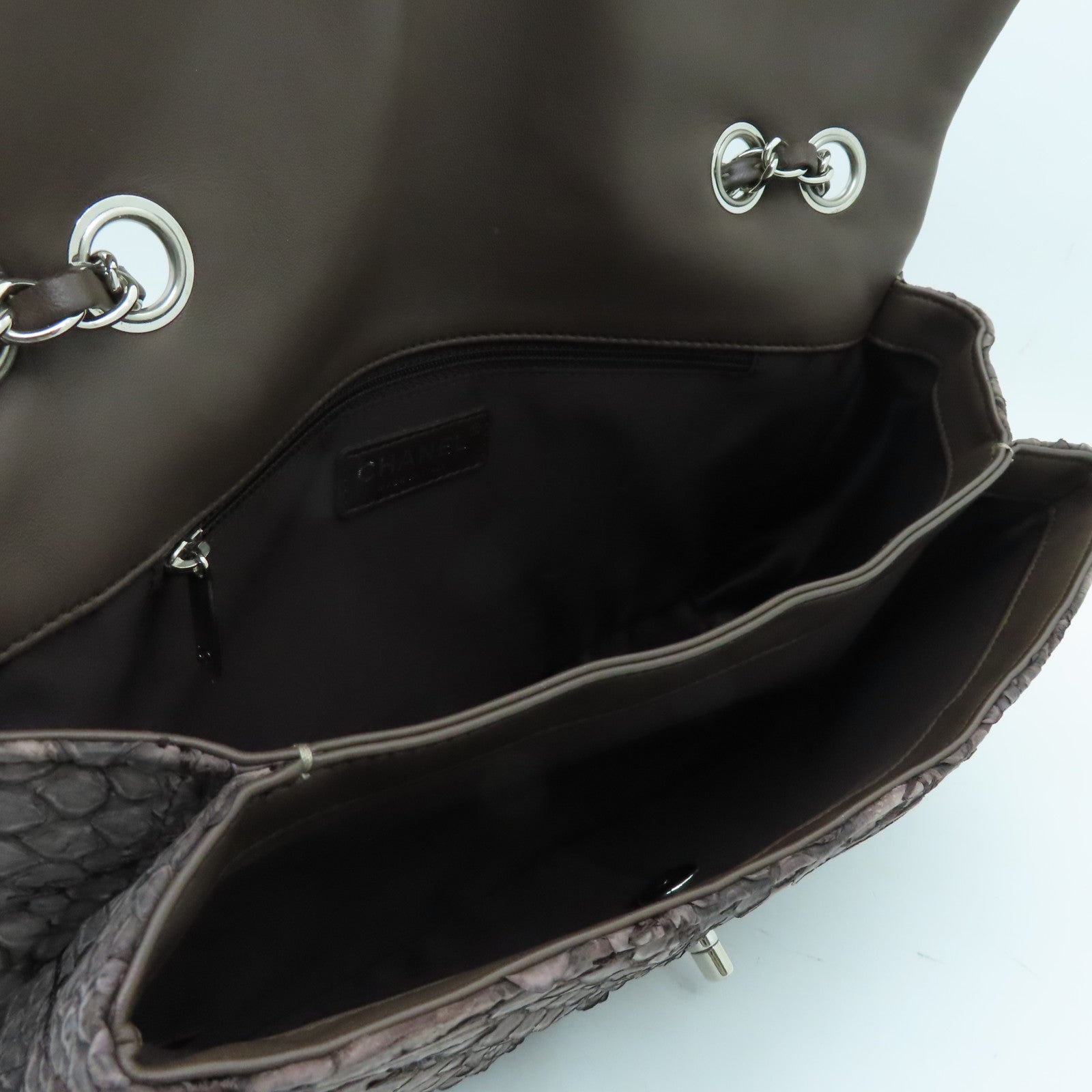 CHANEL 蛇皮皮革Chain Shoulder银扣手挽肩背两用袋啡色