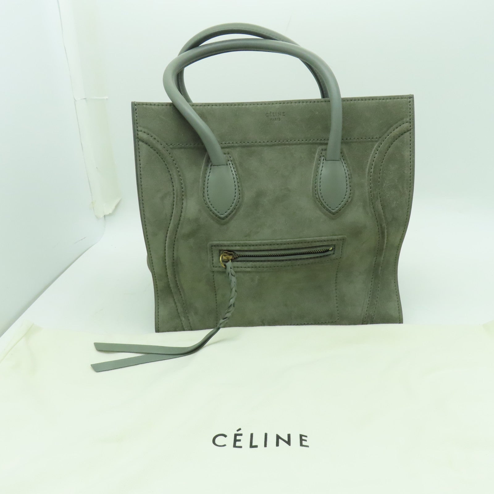 CELINE 麂皮皮革Mini Luggage金扣手挽袋灰色