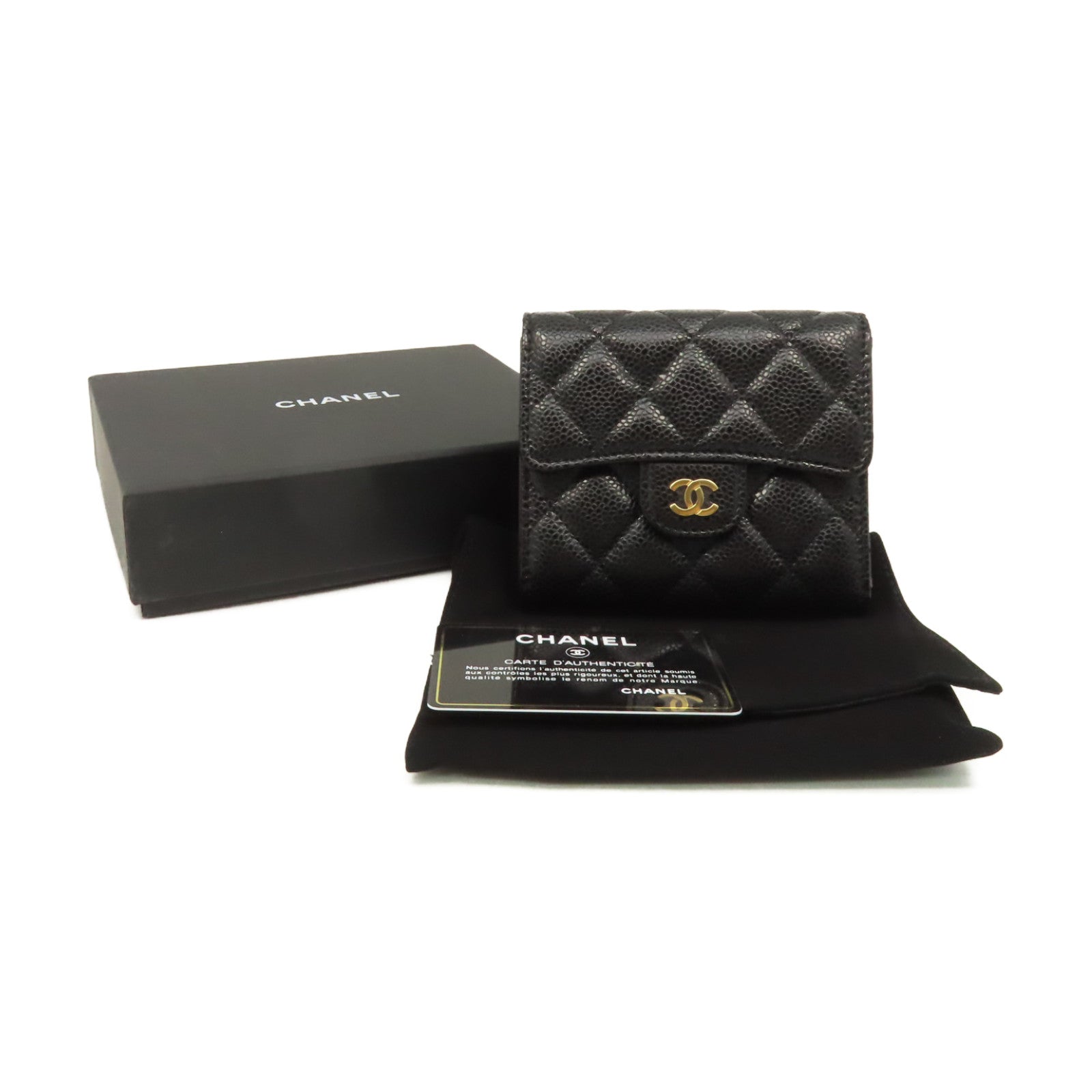 CHANEL 菱格Caviar皮革Classic Wallet金扣短錢包黑色