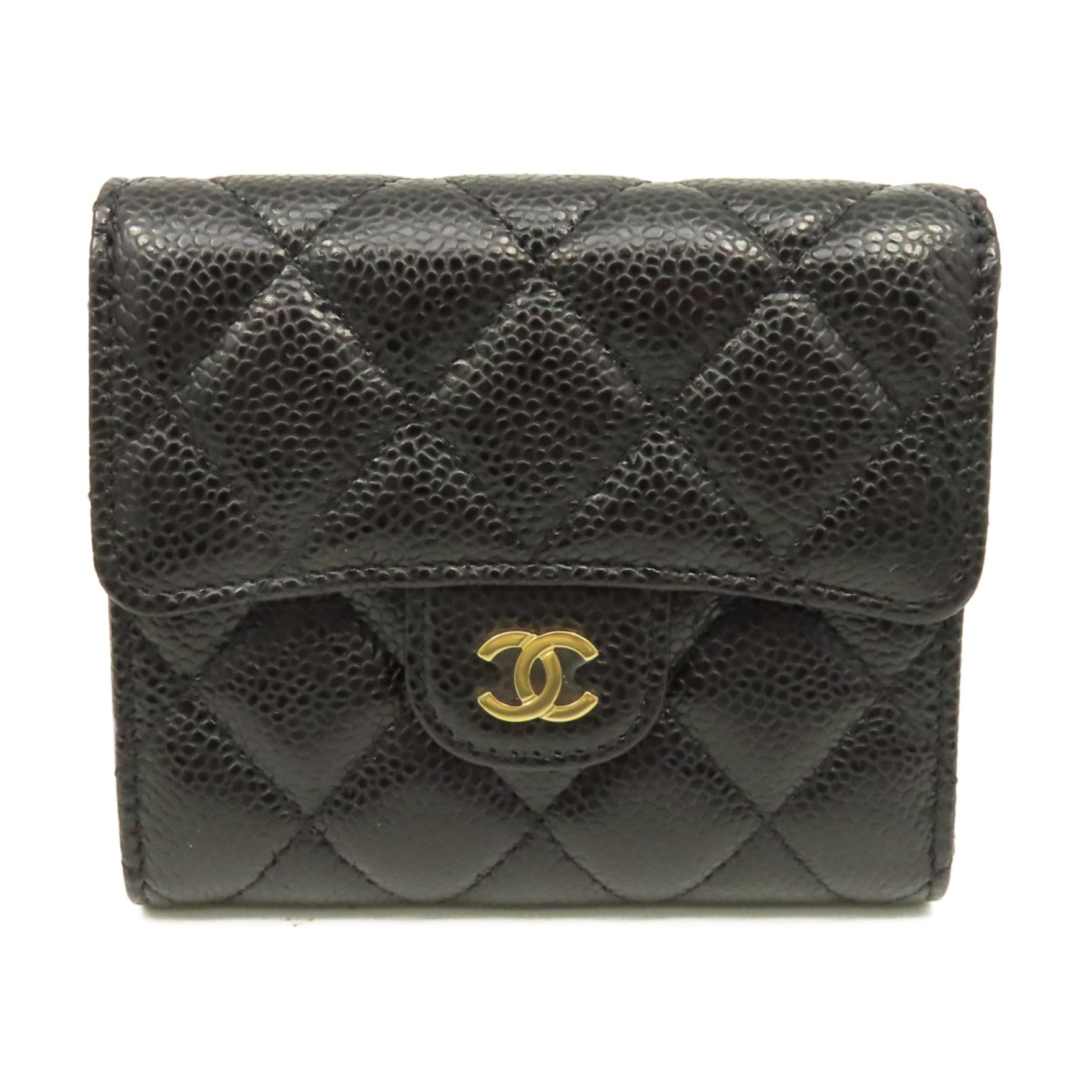 CHANEL 菱格Caviar皮革Classic Wallet金扣短錢包黑色