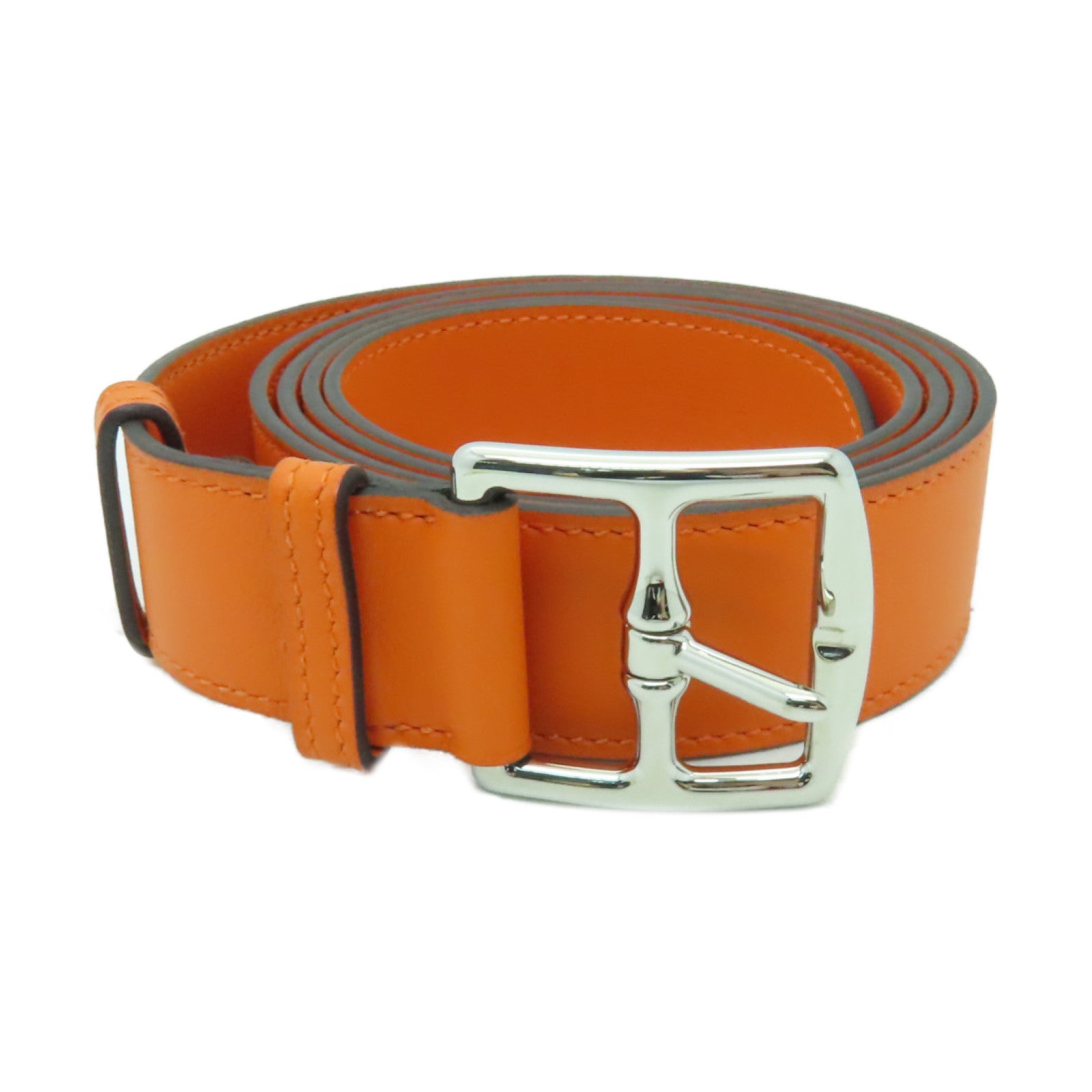 HERMES Swift皮革Belt 90cm银扣皮带橙色