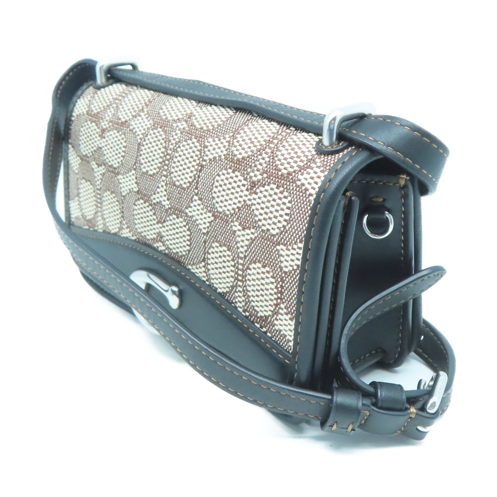 COACH 帆布/牛皮皮革Shoulder Bag銀扣肩背袋黑色