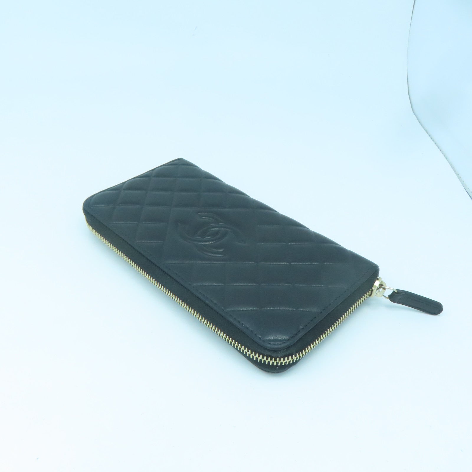 CHANEL rhombic sheepskin leather Wallet gold buckle long wallet black