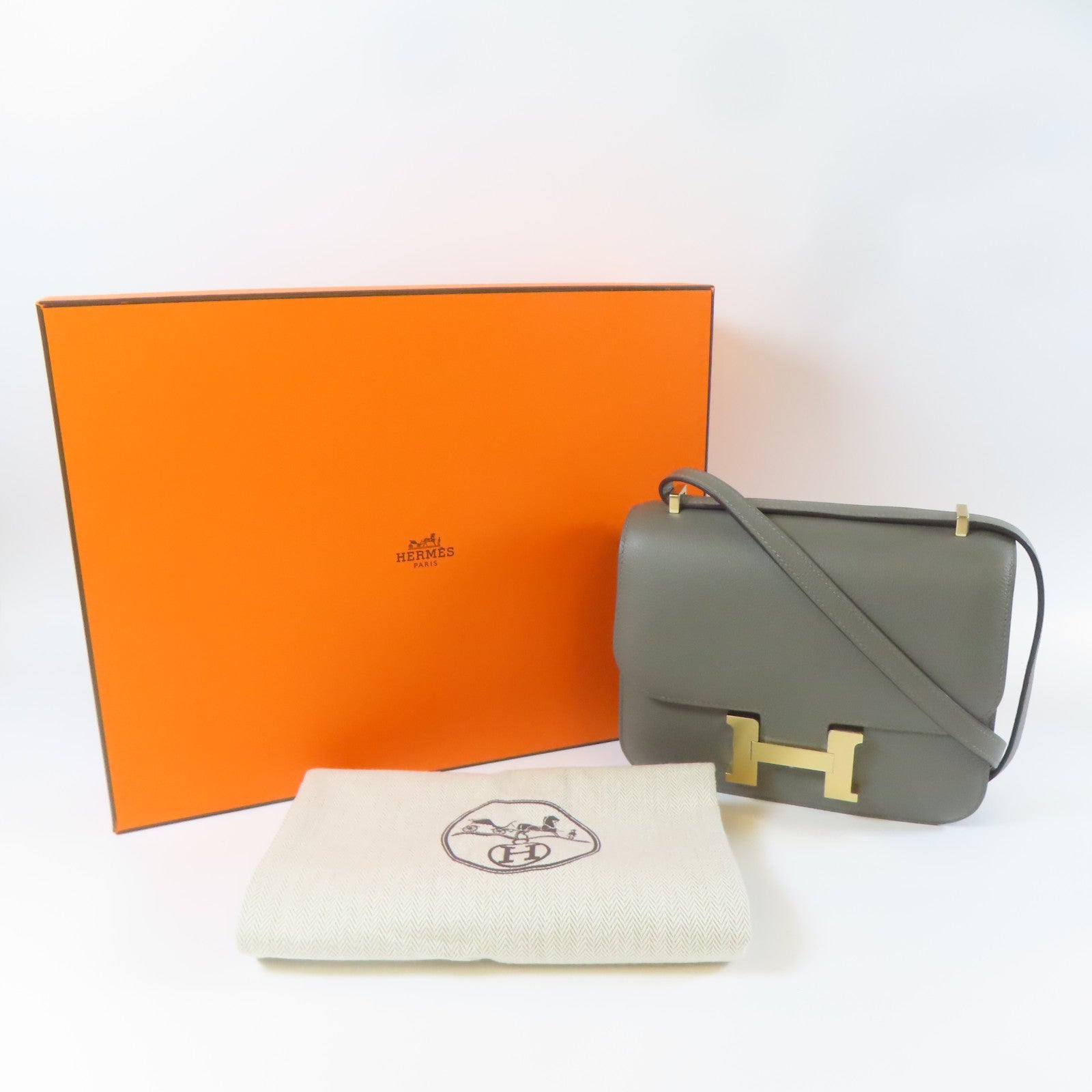 HERMES Evercolor皮革Constance Mini金扣肩背袋灰色