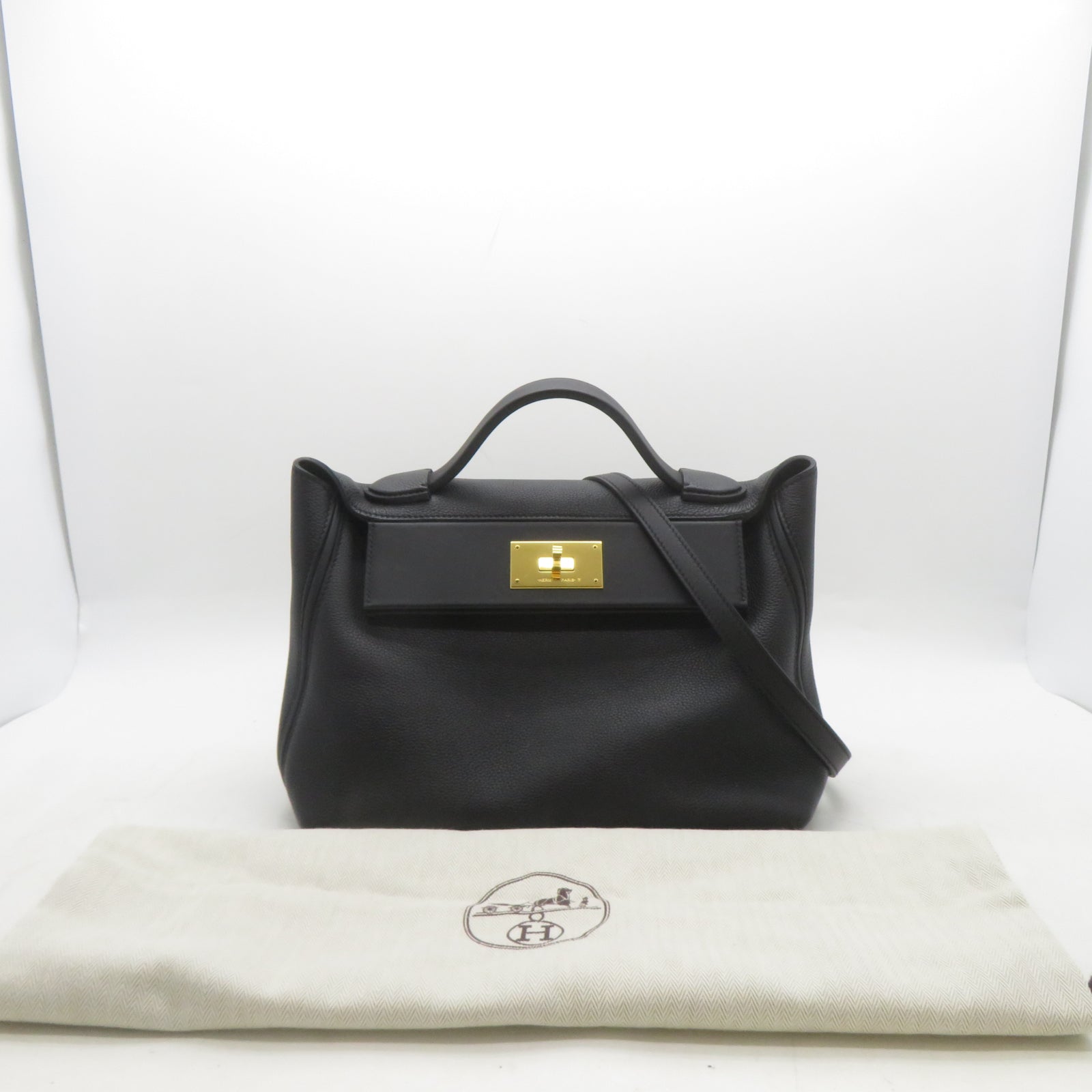 HERMES Swift皮革24/24 29cm金扣手挽肩背兩用袋Noir黑色