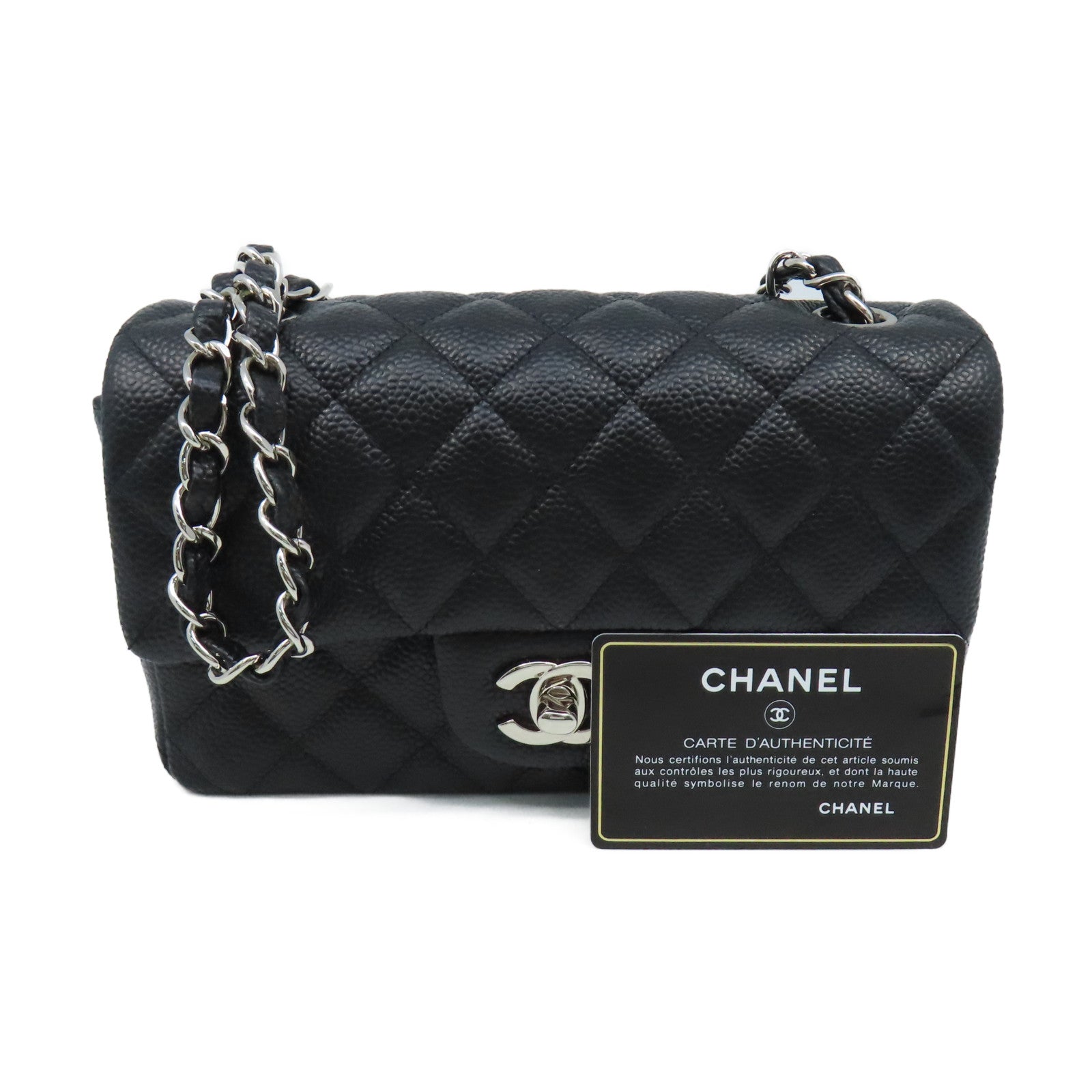 CHANEL 菱格Caviar皮革Chain Shoulder Bag銀扣鏈帶肩背袋黑色