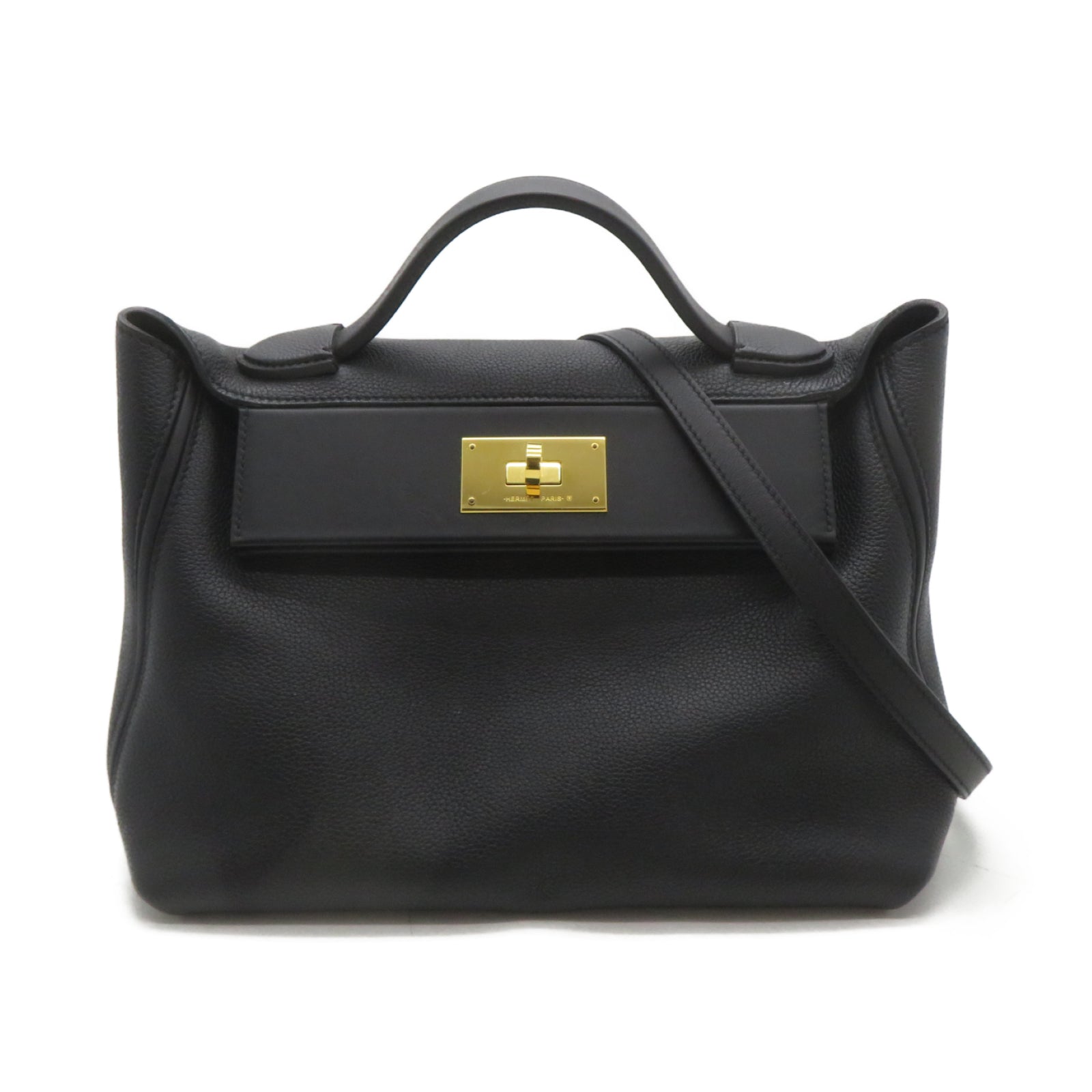 HERMES Swift皮革24/24 29cm金扣手挽肩背兩用袋Noir黑色