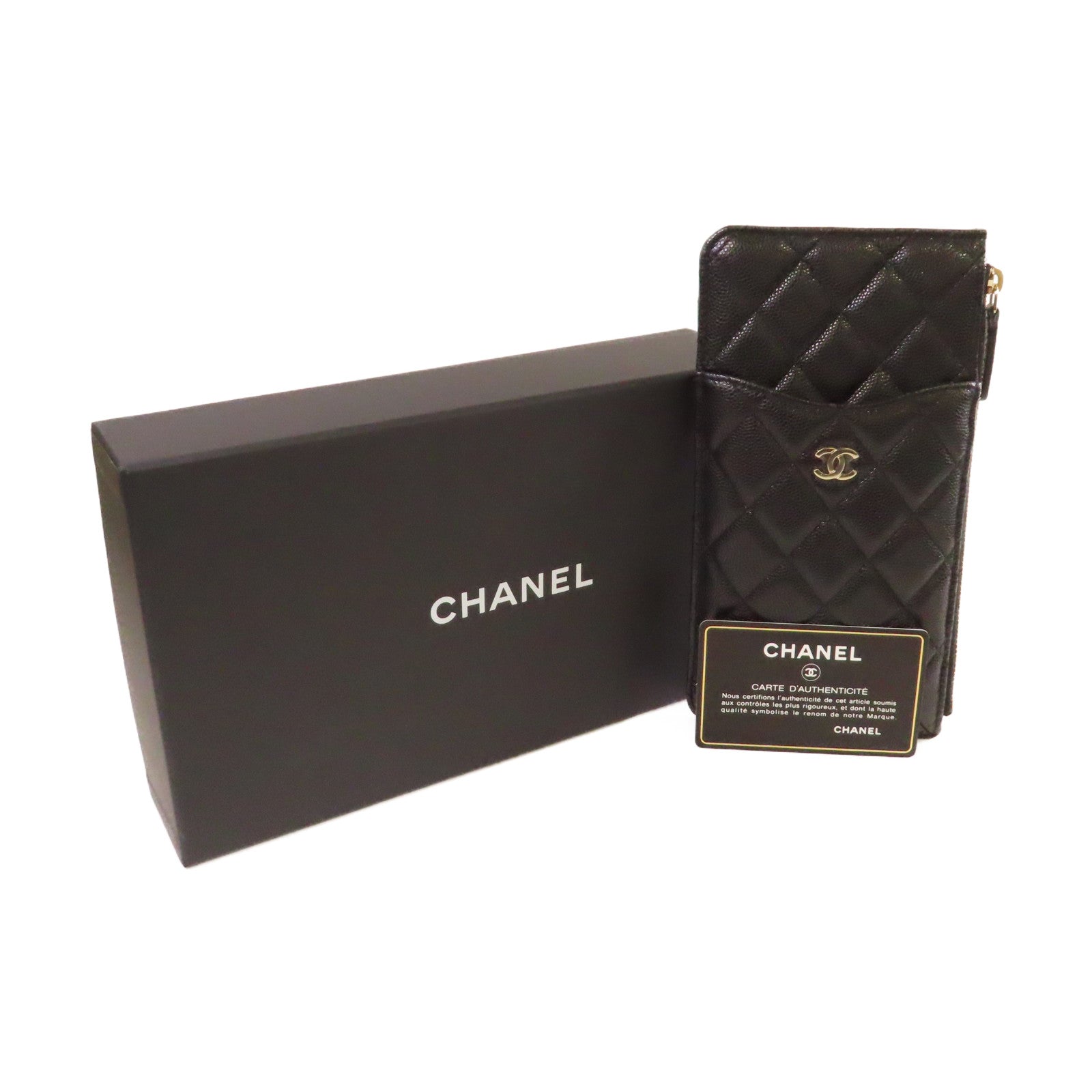 CHANEL 菱格Caviar皮革Classic Phone & Card Holder銀扣手機/卡片套黑色