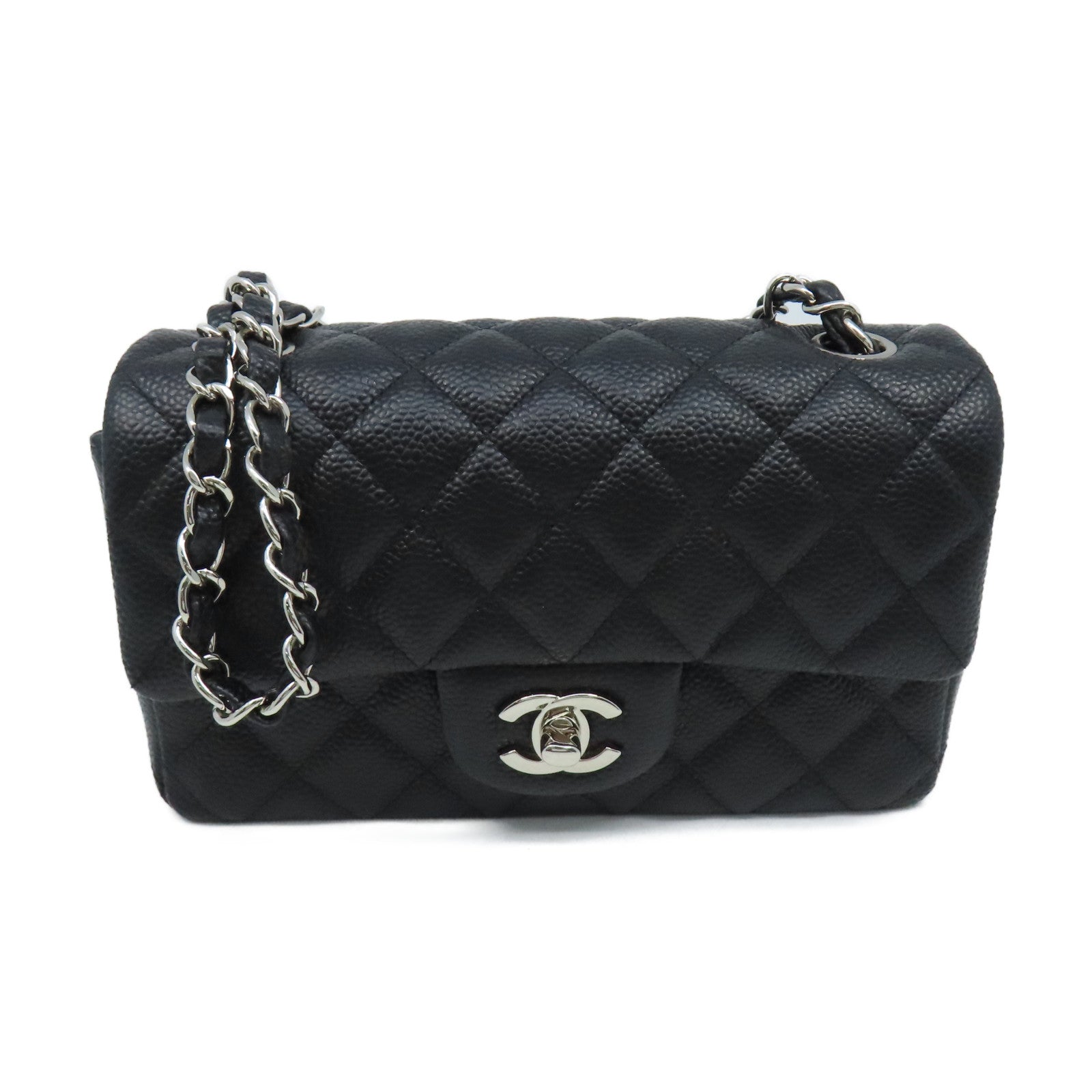 CHANEL 菱格Caviar皮革Chain Shoulder Bag銀扣鏈帶肩背袋黑色
