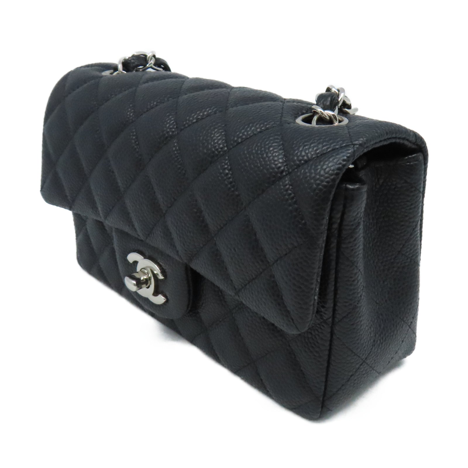 CHANEL 菱格Caviar皮革Chain Shoulder Bag銀扣鏈帶肩背袋黑色