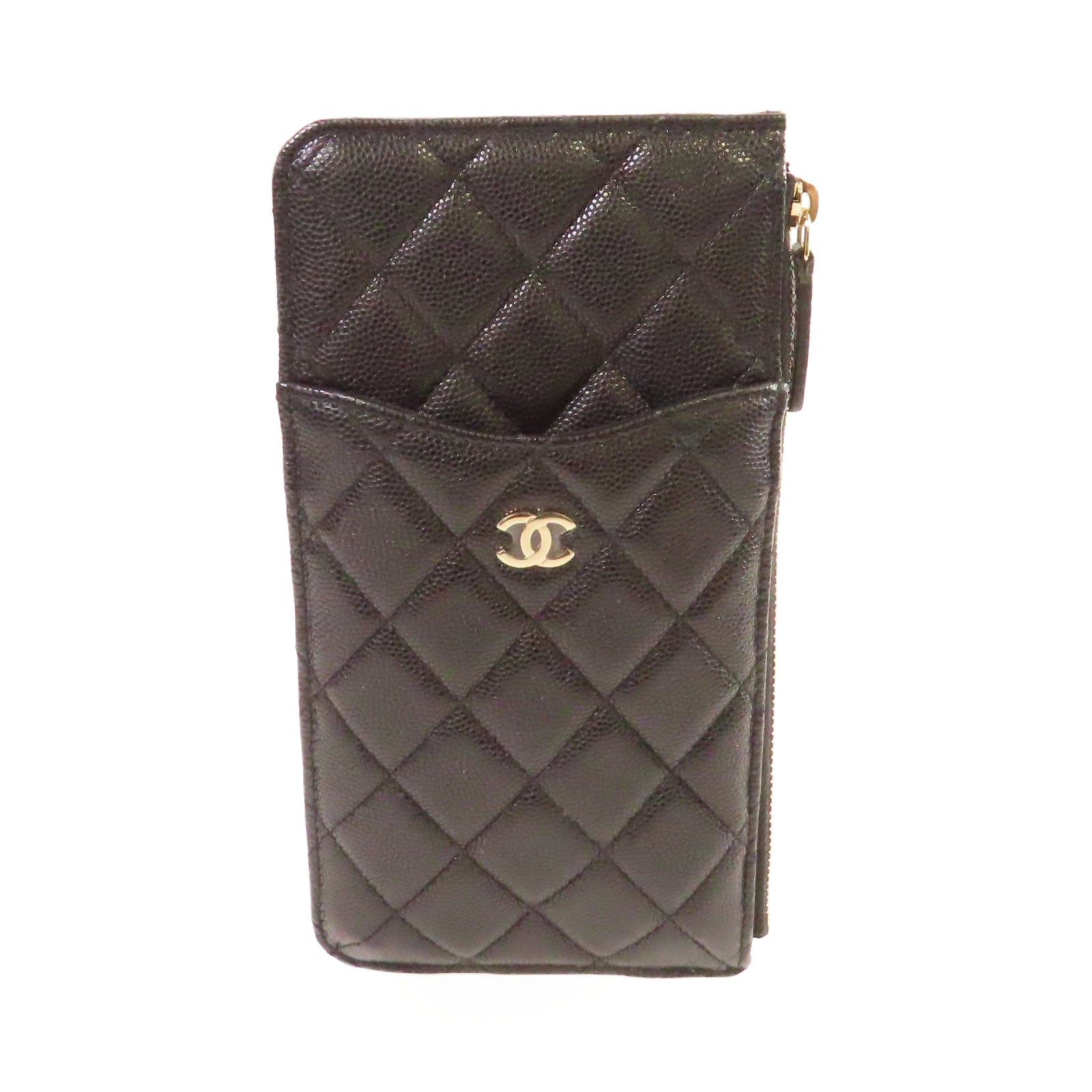 CHANEL 菱格Caviar皮革Classic Phone & Card Holder銀扣手機/卡片套黑色
