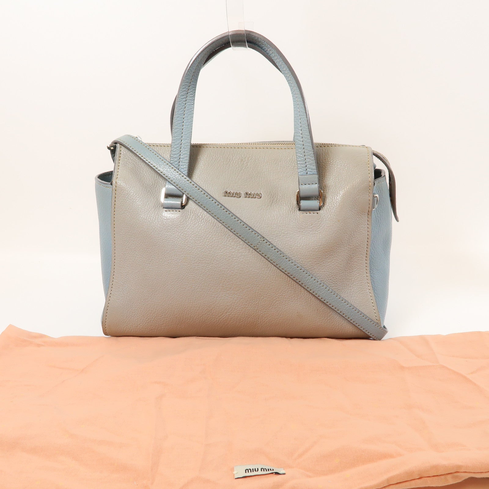 Miu Miu Chevre皮革2 Way Shoulder Bag銀扣手挽肩背兩用袋灰色/藍色