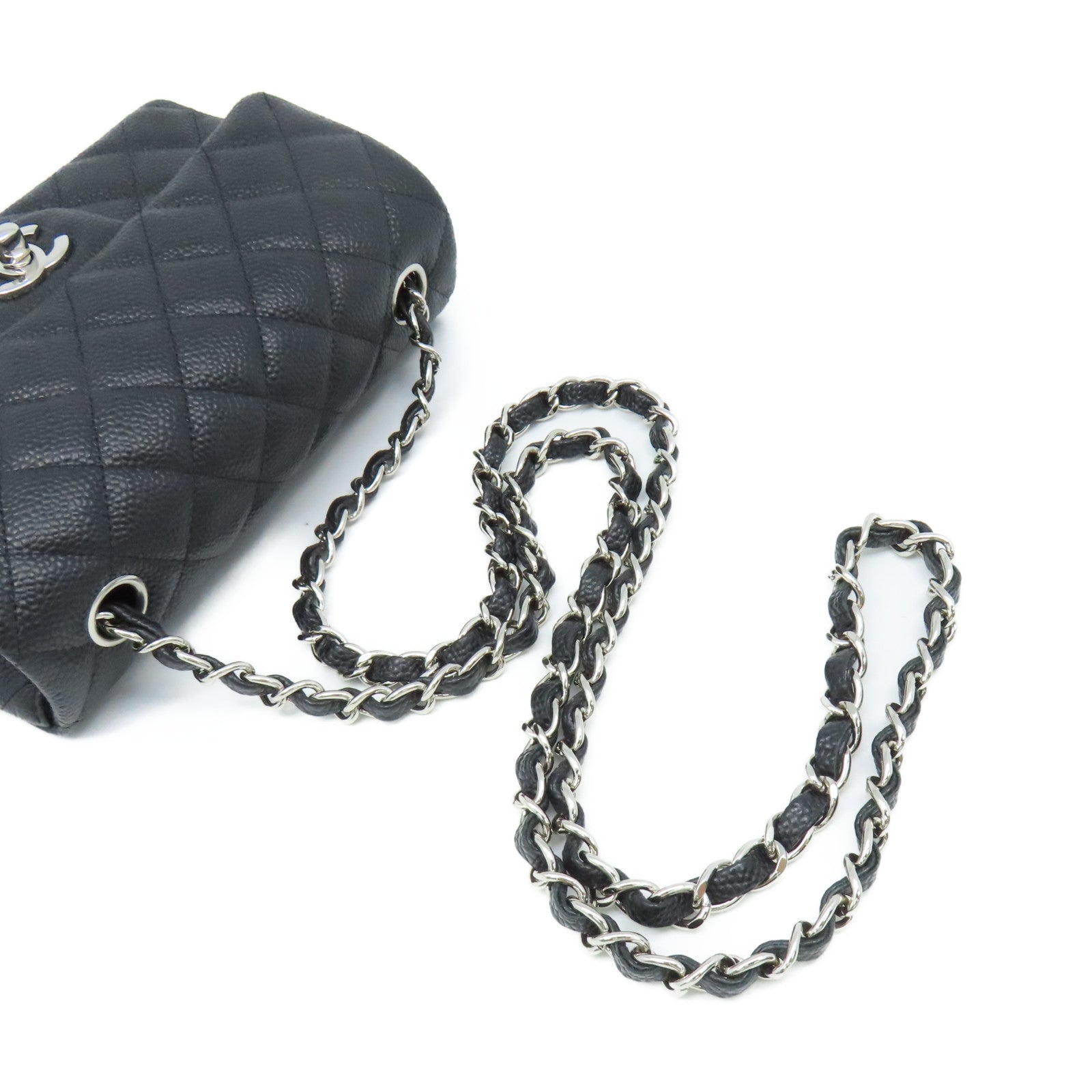CHANEL 菱格Caviar皮革Chain Shoulder Bag銀扣鏈帶肩背袋黑色