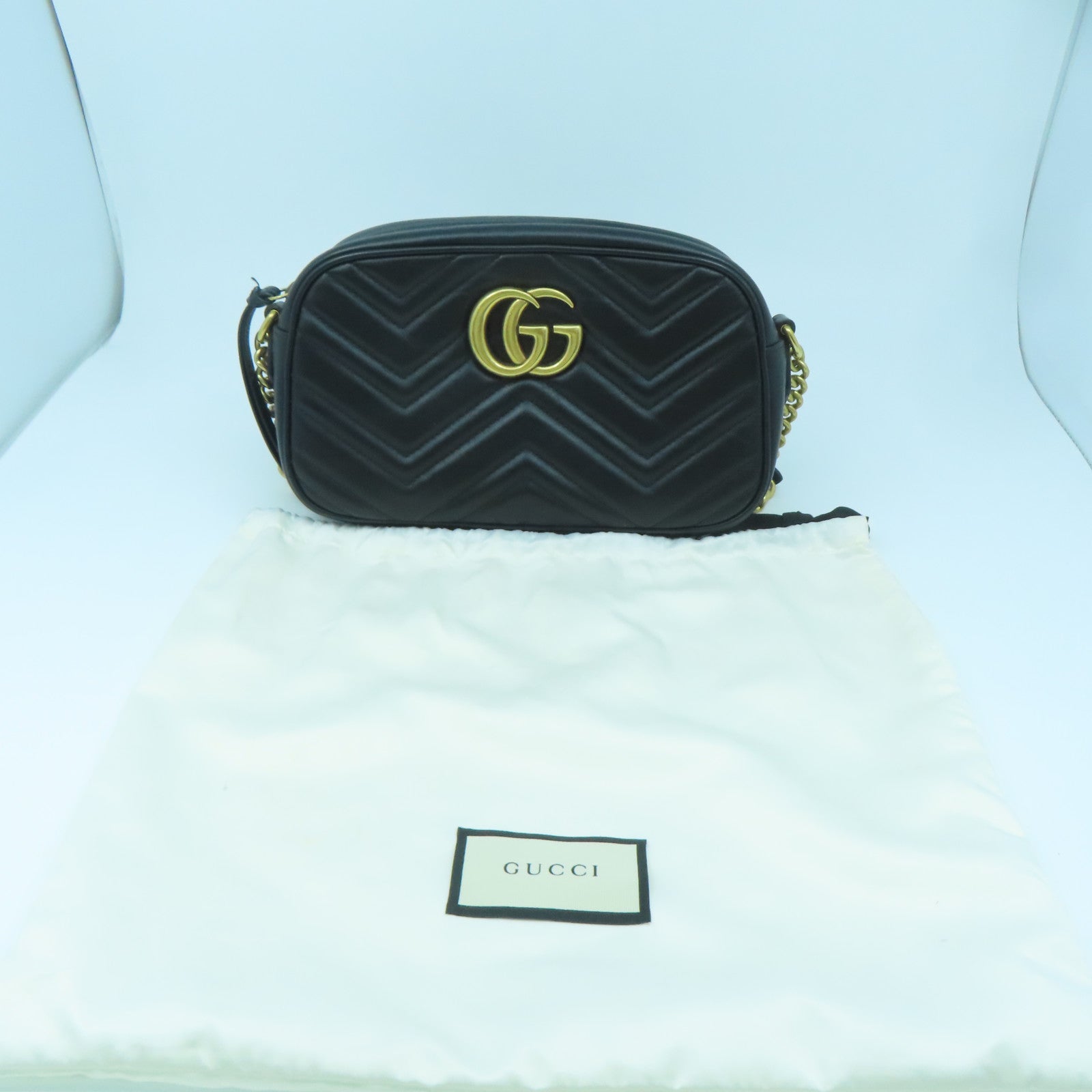 GUCCI Calfskin Leather GG Marmont Gold Buckle Shoulder Bag Black