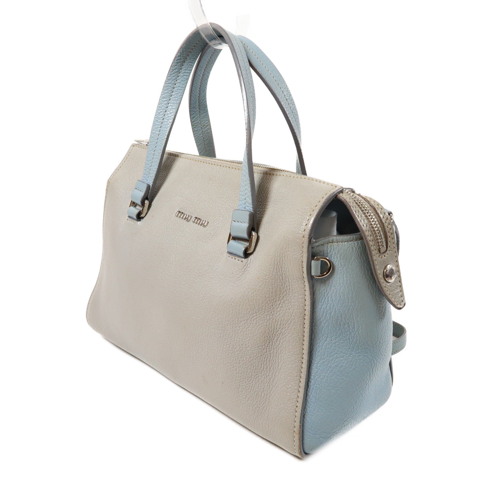 Miu Miu Chevre皮革2 Way Shoulder Bag銀扣手挽肩背兩用袋灰色/藍色