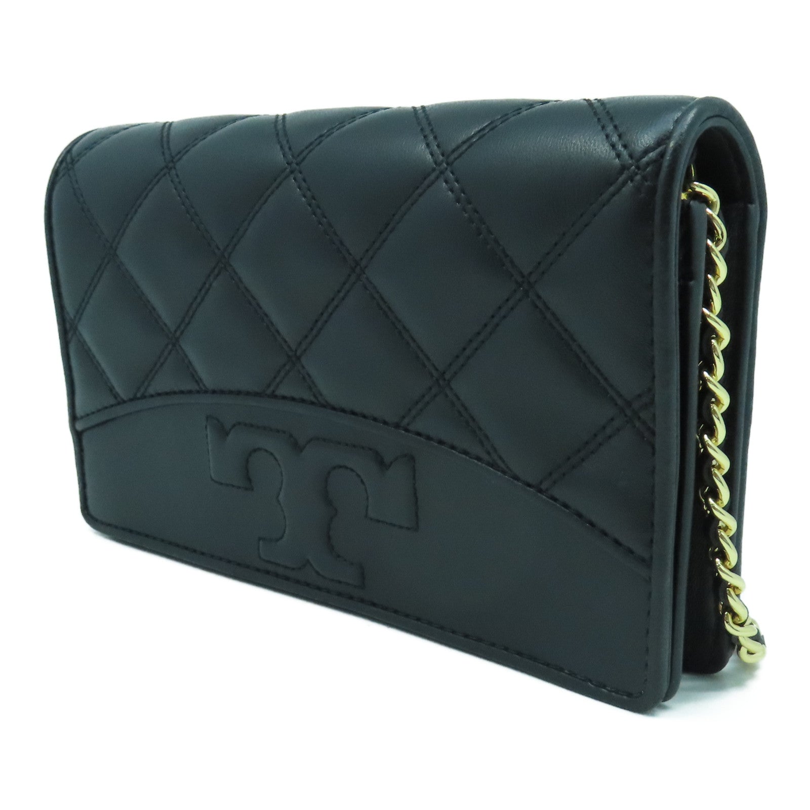Tory Burch 菱格羊皮皮革Chain Shoulder Bag金扣鏈帶肩背袋黑色