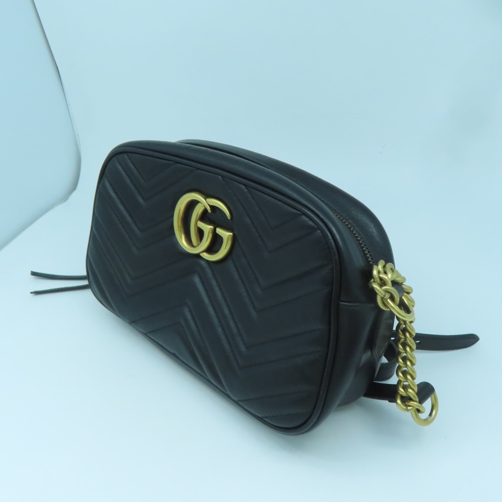 GUCCI Calfskin Leather GG Marmont Gold Buckle Shoulder Bag Black
