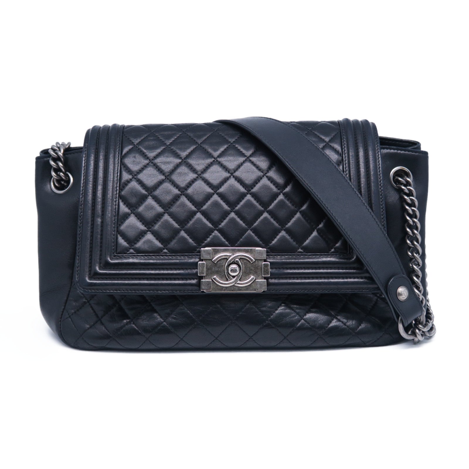 CHANEL 菱格羊皮皮革Chain Shoulder Bag銀扣肩背袋黑色