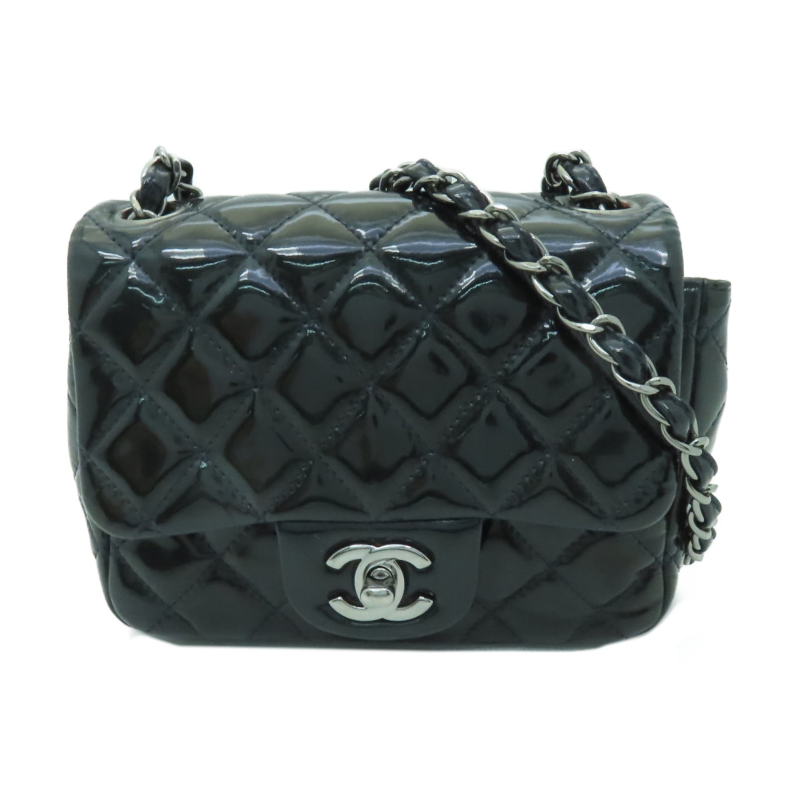CHANEL 菱格漆皮皮革Shoulder Bag銀扣肩背袋海軍藍色