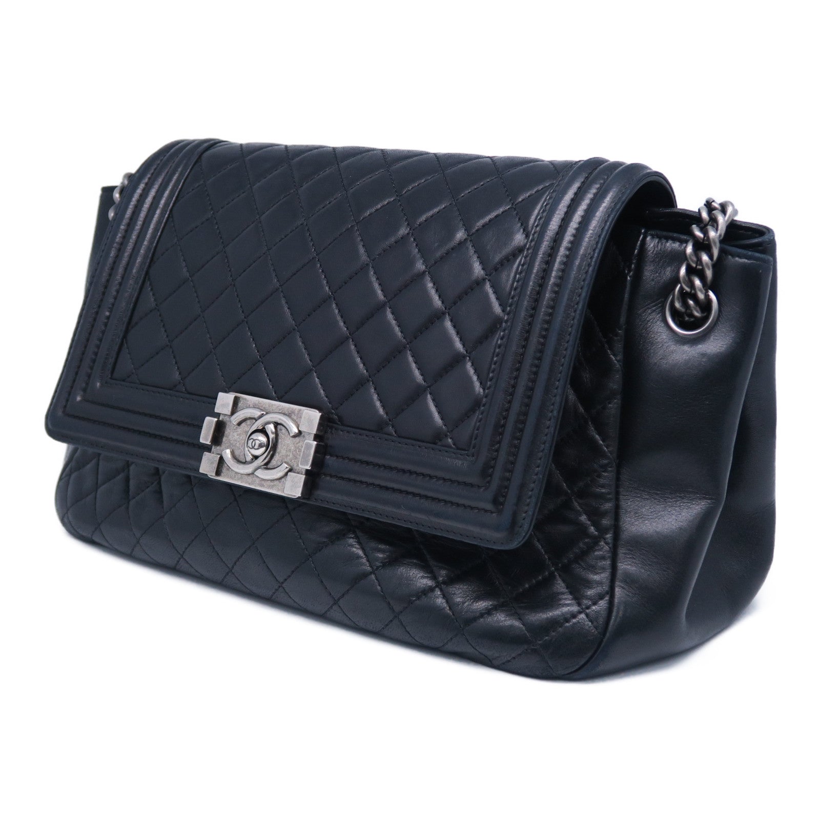 CHANEL 菱格羊皮皮革Chain Shoulder Bag銀扣肩背袋黑色