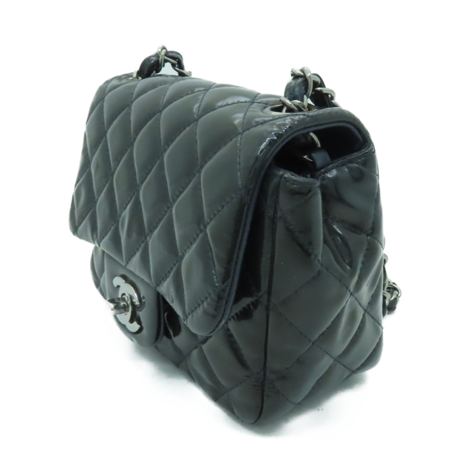 CHANEL 菱格漆皮皮革Shoulder Bag銀扣肩背袋海軍藍色
